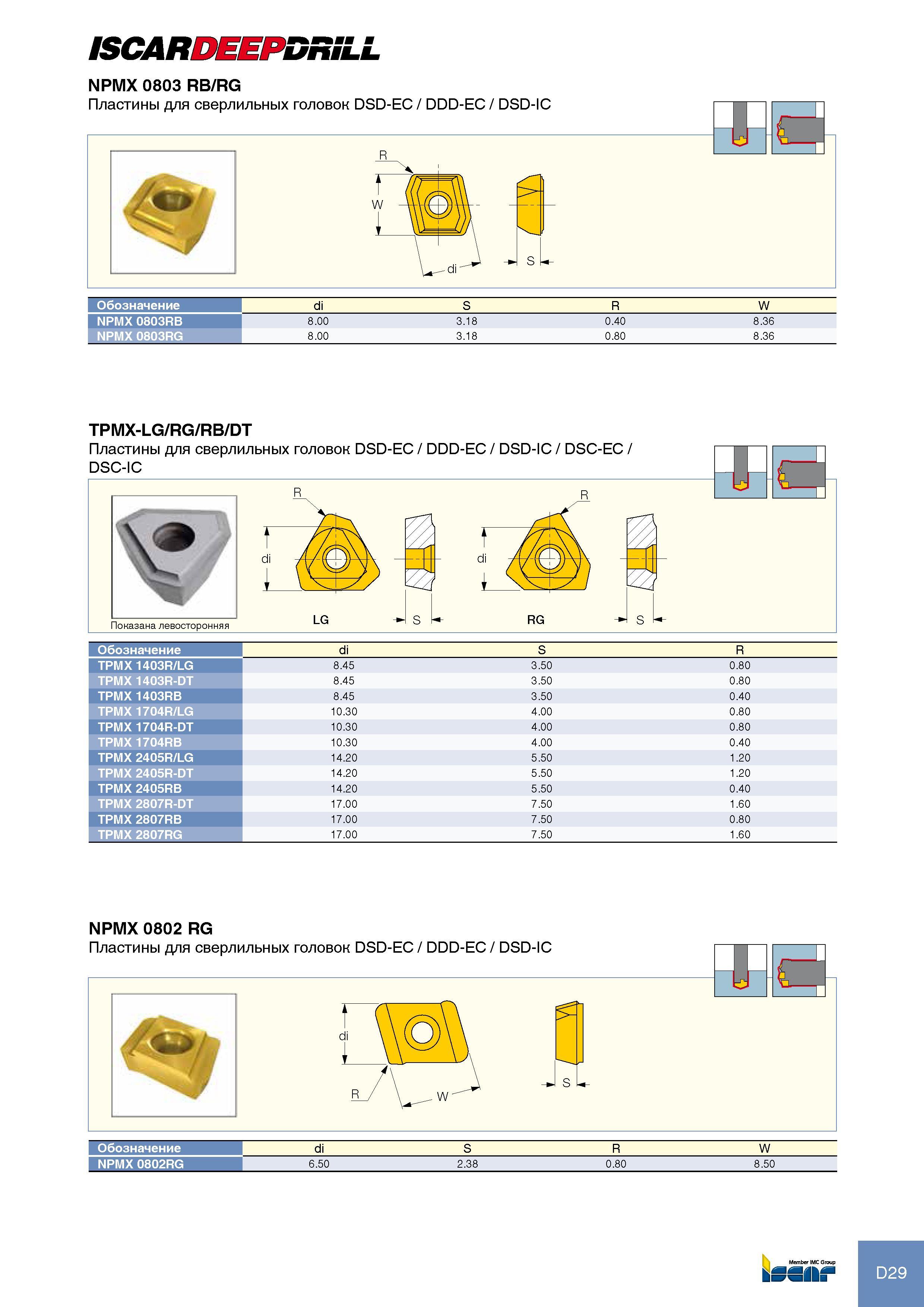 195 ISCARDEEPDRILL NPMX 0803 RB/RG Обозначение di S R W NPMX 0803RB 8 00 3 18 0 40 8 36 NPMX 0803RG 8 00 3 18 0 80 8 36 TPMX-LG/RG/RB/DT Пластины для сверлильных головок Каталог ISCAR 2012 Режущий осевой инструмент для обработки отверстий в металлах и сплавах Сверла спиральные Многолезвийные развертки Глубокое сверление Стр. D29