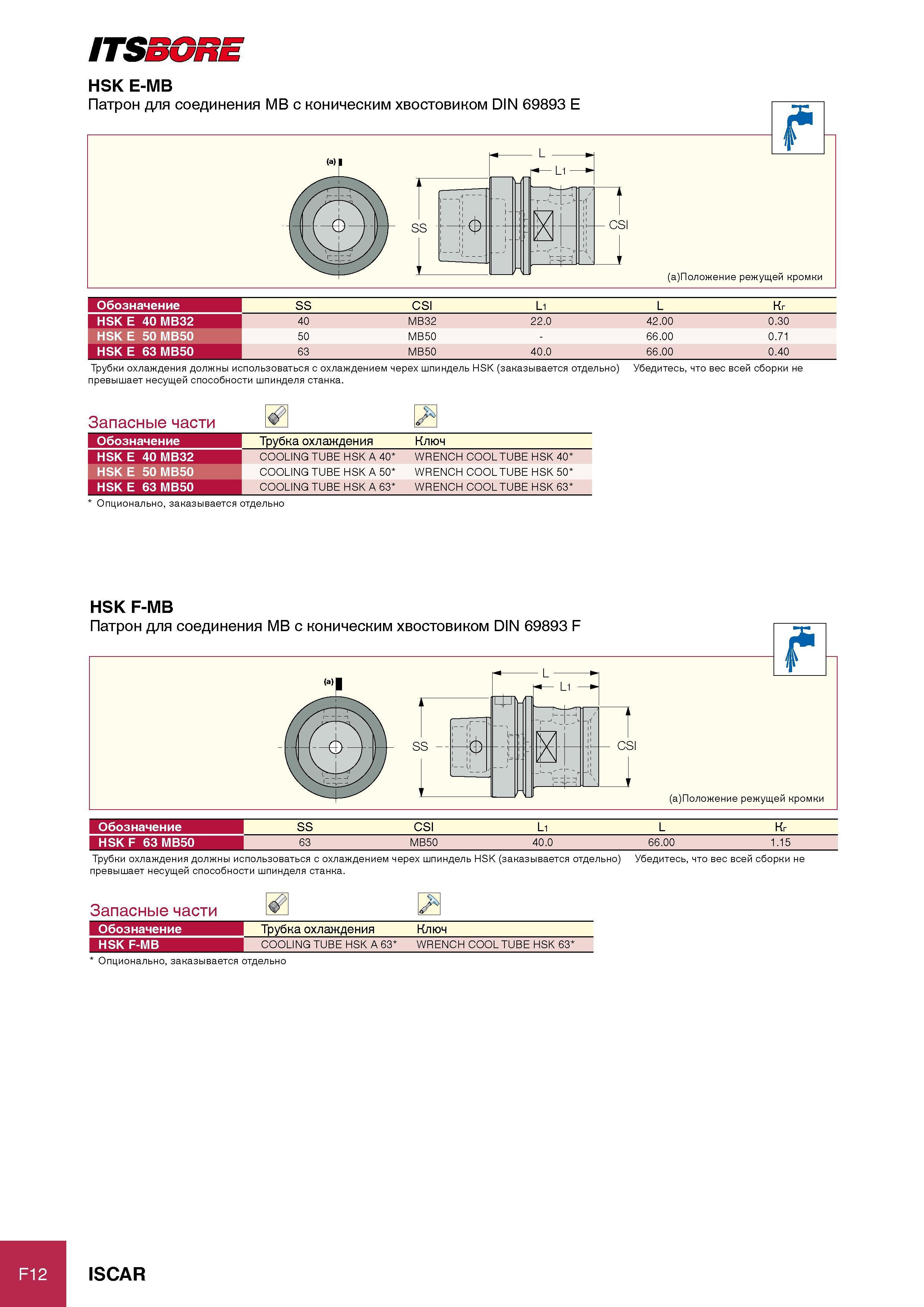 302 ITSBORE HSK E-MB Обозначение SS CSI L1 L Кг HSK E 40 MB32 40 MB32 22 0 42 00 0 30 HSK E 50 MB50 50 MB50 - 66 00 0 71 HSK E 63 MB50 63 MB50 40 0 66 00 0 40 Трубки охл Каталог ISCAR 2012 Режущий осевой инструмент для обработки отверстий в металлах и сплавах Сверла спиральные Многолезвийные развертки Глубокое сверление Стр. F12