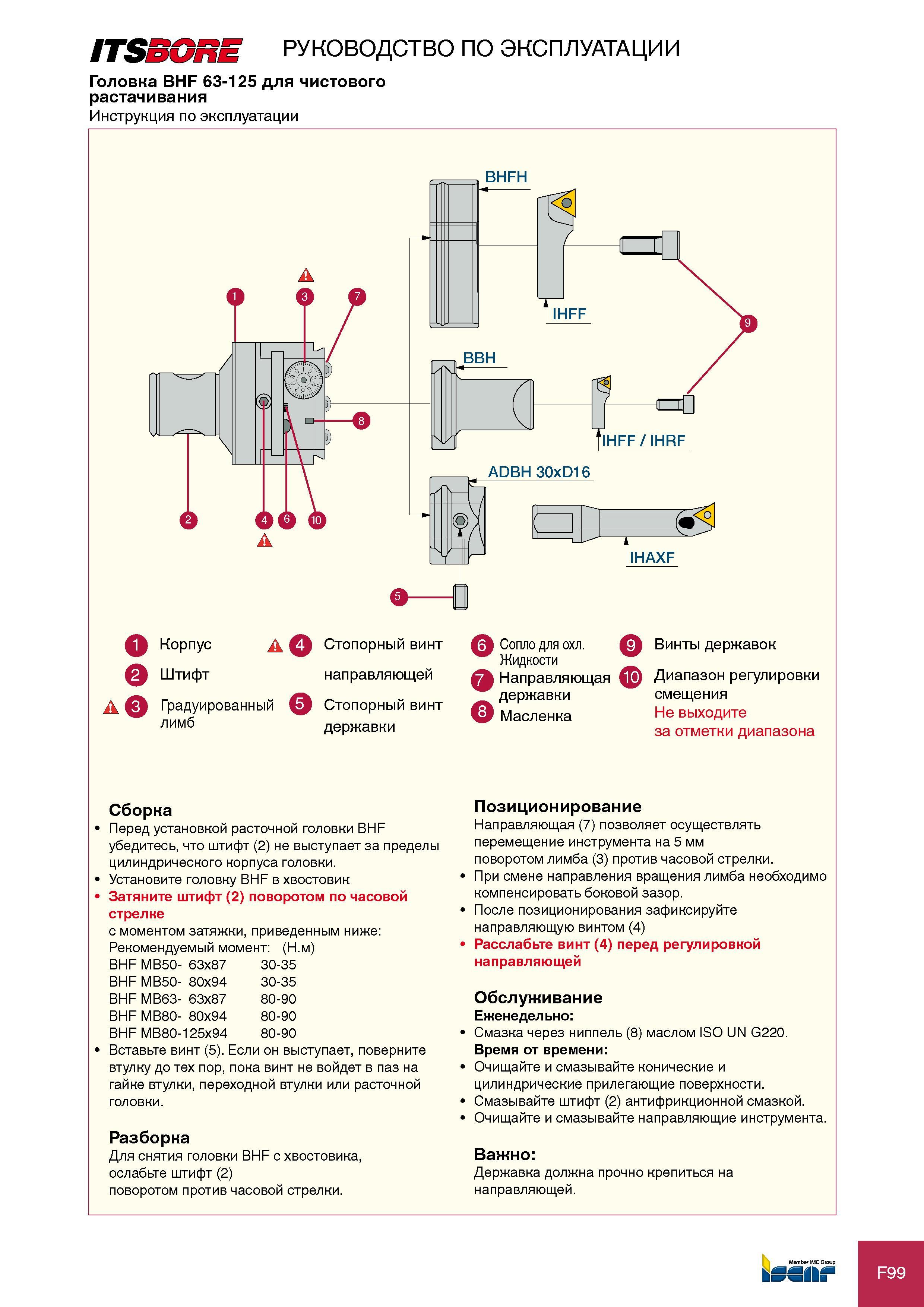 389 1Т85х5ш руководство по эксплуатации Головка BHF 63-125 для чистового растачивания Инструкция по эксплуатации Корпус Штифт Е О Градуированный Стопорны лимб й винт F ( Каталог ISCAR 2012 Режущий осевой инструмент для обработки отверстий в металлах и сплавах Сверла спиральные Многолезвийные развертки Глубокое сверление Стр. F99