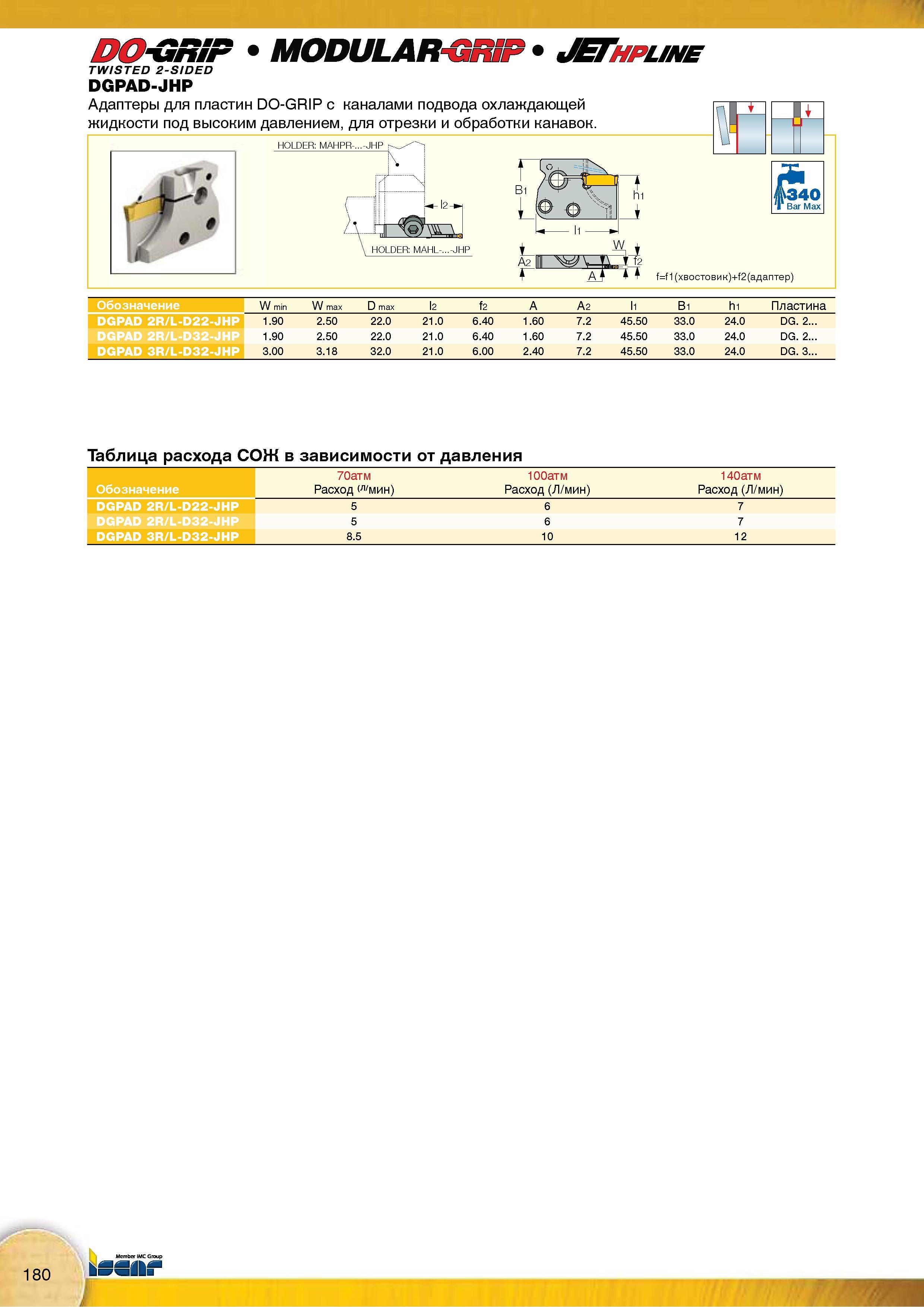 182 Токарные адаптеры Iscar DGPAD-JHP TWISTED 2-SIDED для сменных режущих пластин DO-GRIP с каналами подвода охлаждающей жидкости под высоким давлением Каталог Каталог ISCAR 2015 Новая продукция для металлообработки Металлорежущий инструмент и оснастка Резцы Фрезы Сверла Сменные режущие пластины для обрабатывающих станков Стр. 180