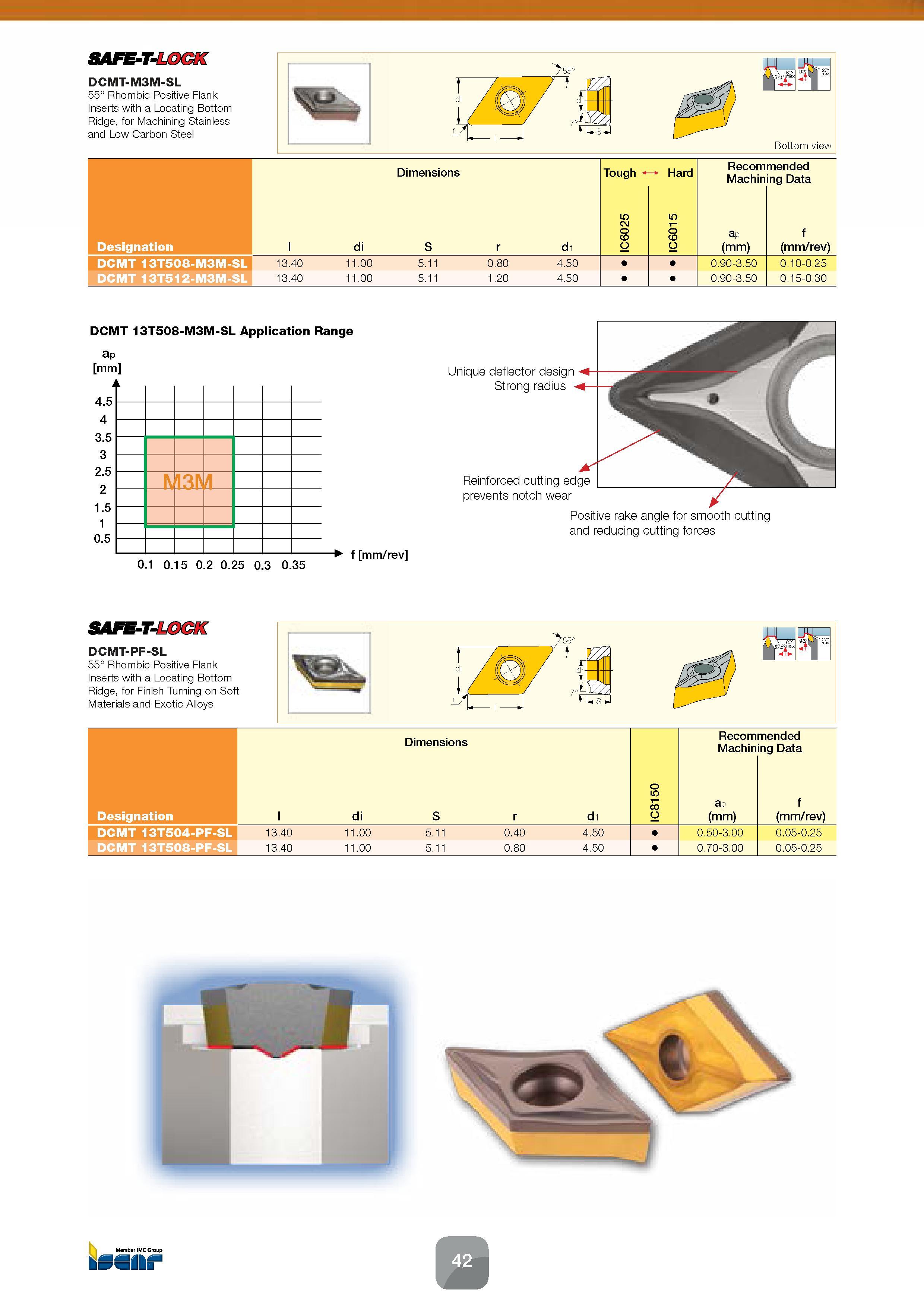 44 Rhombic Positive Flank Inserts SAFE-T-LOCK DCMT-M3M-SL 55° with a Locating Bottom Ridge, for Machining Stainless and Low Carbon Steel Bottom view Каталог ISCAR 2016 Новый металлорежущий инструмент и инструментальная оснастка для металлообрабатывающих промышленных станков и комплексов с ЧПУ Стр. 42