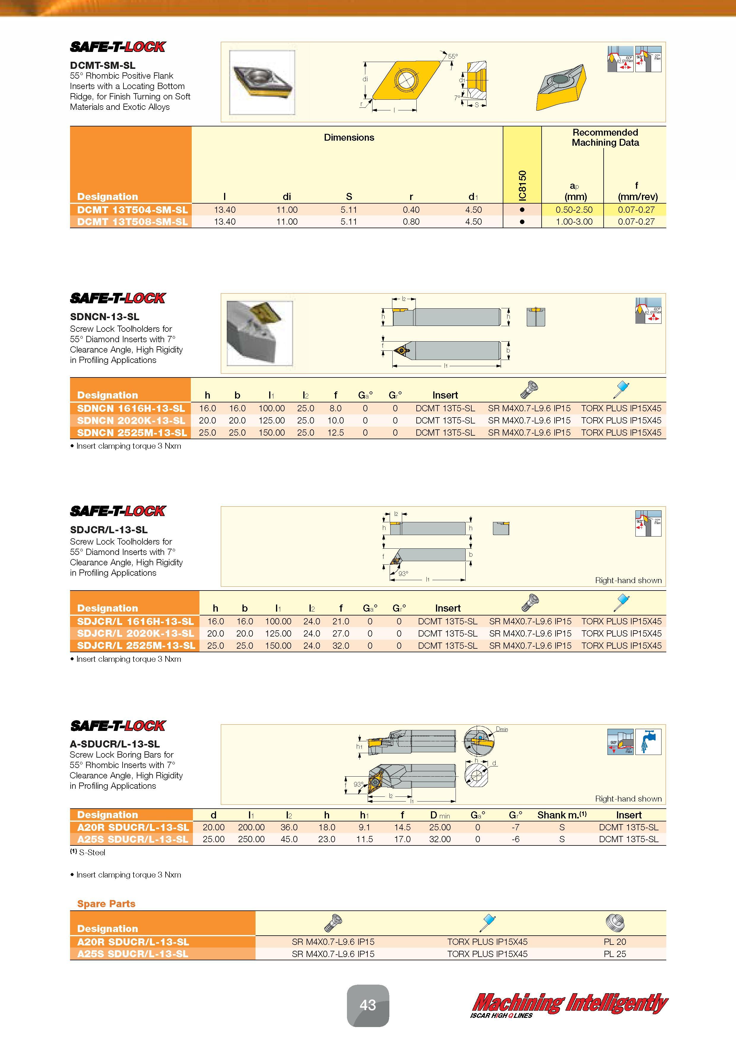 45 Rhombic Positive Flank Inserts SAFE-T-LOCK DCMT-SM-SL 55° with a Locating Bottom Ridge, for Finish Turning on Soft Materials and Exotic Alloys Di Каталог ISCAR 2016 Новый металлорежущий инструмент и инструментальная оснастка для металлообрабатывающих промышленных станков и комплексов с ЧПУ Стр. 43