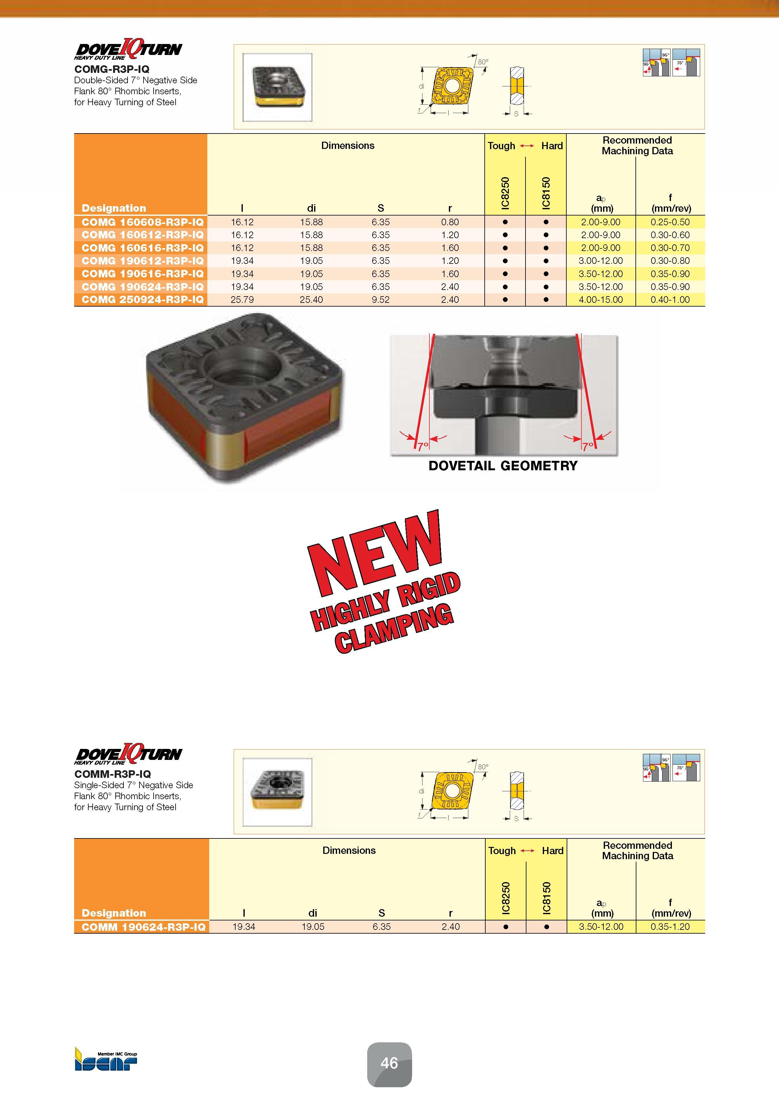 48 Double-Sided 7° Negative Side Flank 80° Rhombic Inserts HEAVY DUTY LINE COMG-R3P-IQ for Heavy Turning of Steel Dimensions Recommended Machining D Каталог ISCAR 2016 Новый металлорежущий инструмент и инструментальная оснастка для металлообрабатывающих промышленных станков и комплексов с ЧПУ Стр. 46