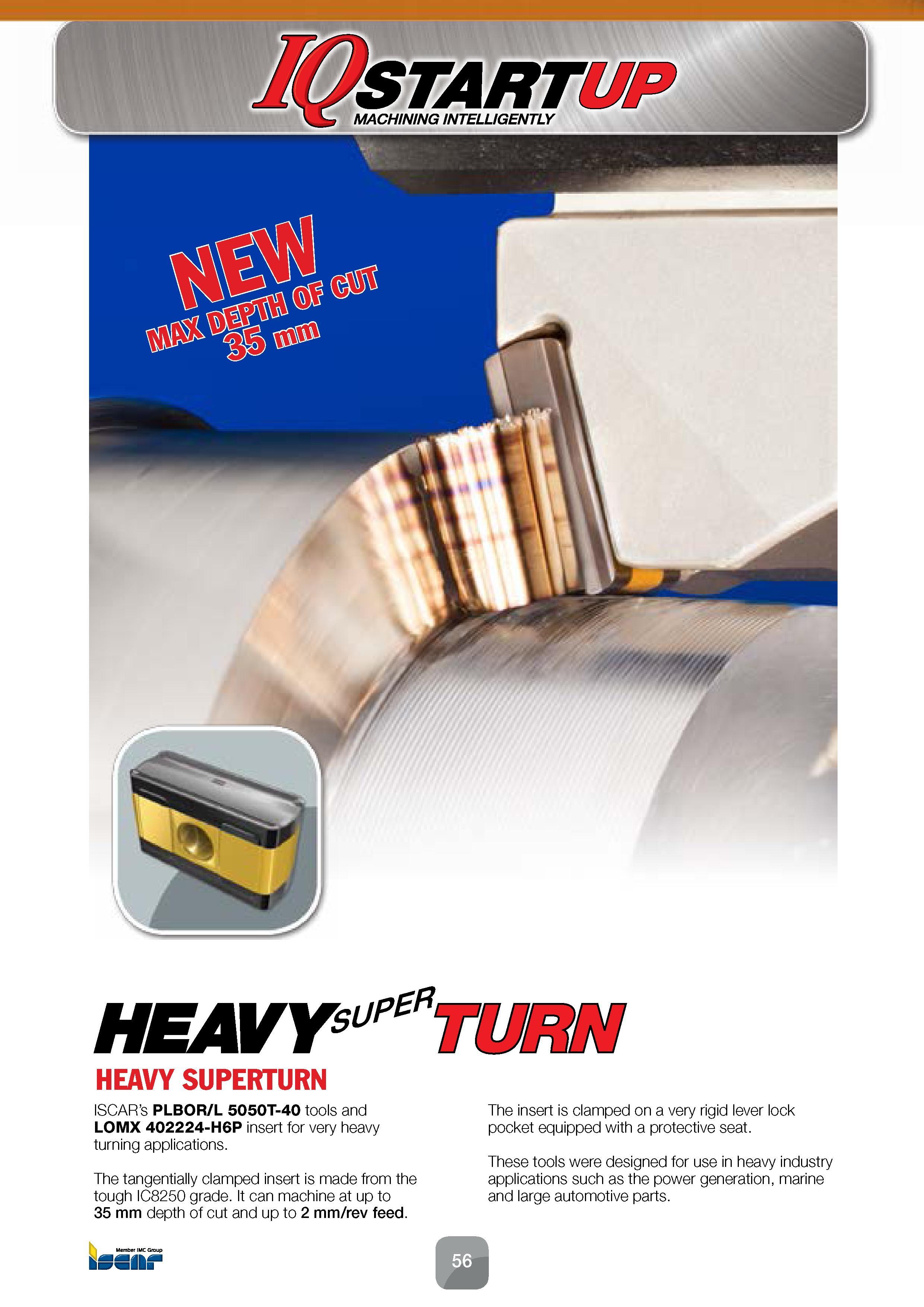 58 The tangentially clamped insert is made from the tough IC8250 grade It can machine at up to 35 mm depth of cut and up to 2 mm/rev feed The insert Каталог ISCAR 2016 Новый металлорежущий инструмент и инструментальная оснастка для металлообрабатывающих промышленных станков и комплексов с ЧПУ Стр. 56