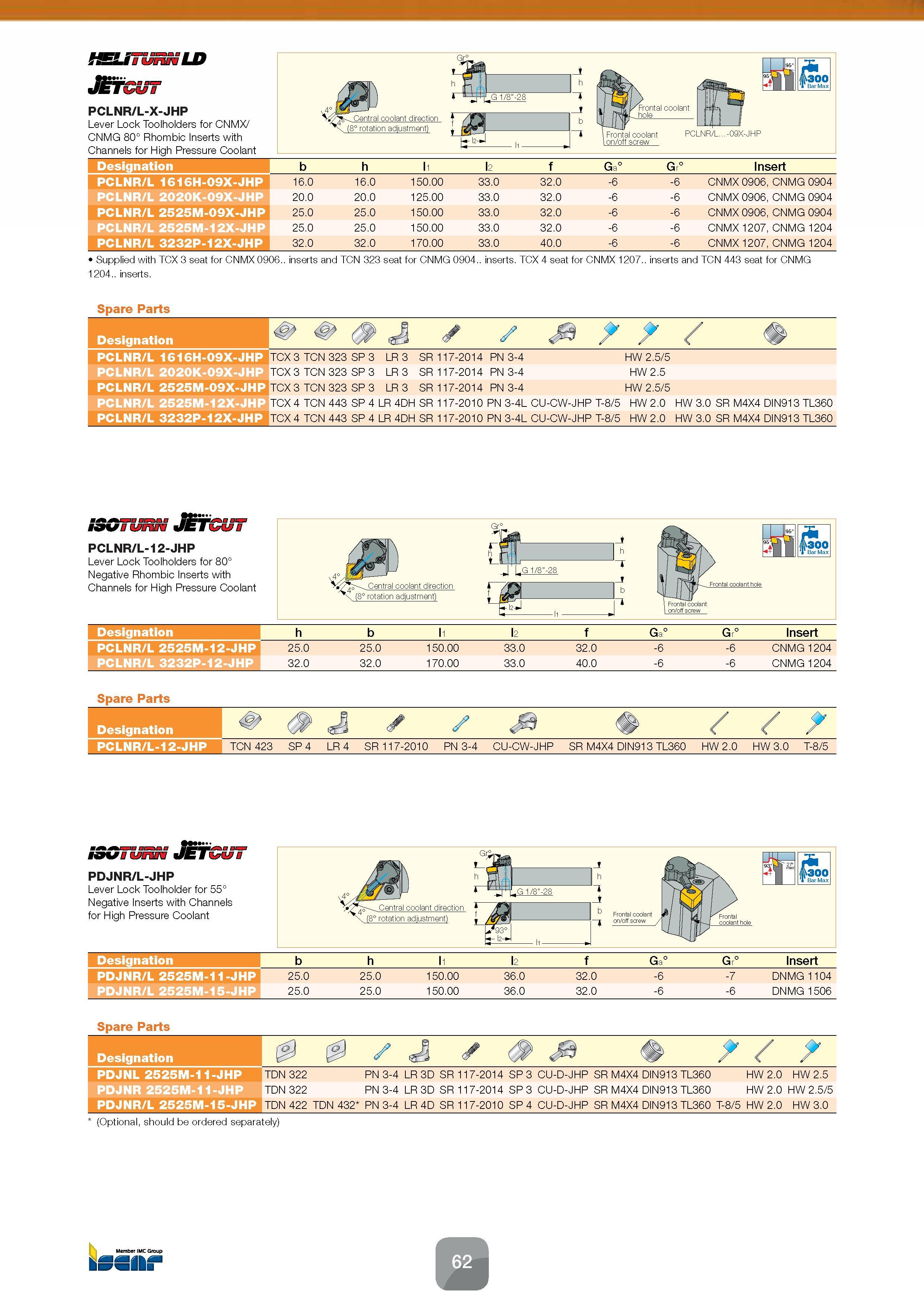 64 Lever Lock Toolholders PCLNR/L-12-JHP for 80° Negative Rhombic Inserts with Channels for High Pressure Coolant Designation h b l1 l2 f Ga° Gr° In Каталог ISCAR 2016 Новый металлорежущий инструмент и инструментальная оснастка для металлообрабатывающих промышленных станков и комплексов с ЧПУ Стр. 62