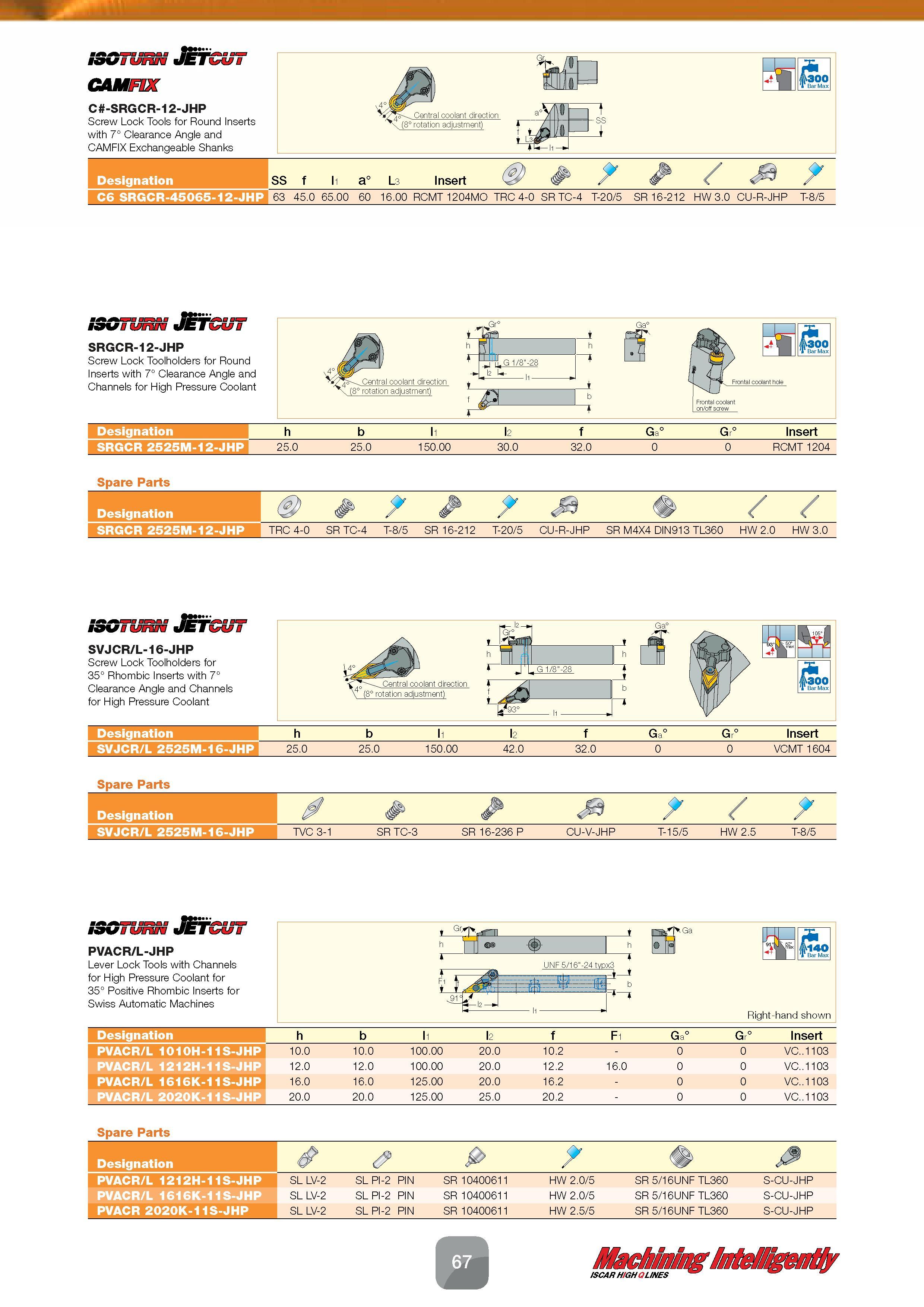 69 Screw Lock Tools C -SRGCR-12-JHP for Round Inserts with 7° Clearance Angle and CAMFIX Exchangeable Shanks SS f l1 a° L3 Insert (iP ft 63 45 0 65 Каталог ISCAR 2016 Новый металлорежущий инструмент и инструментальная оснастка для металлообрабатывающих промышленных станков и комплексов с ЧПУ Стр. 67