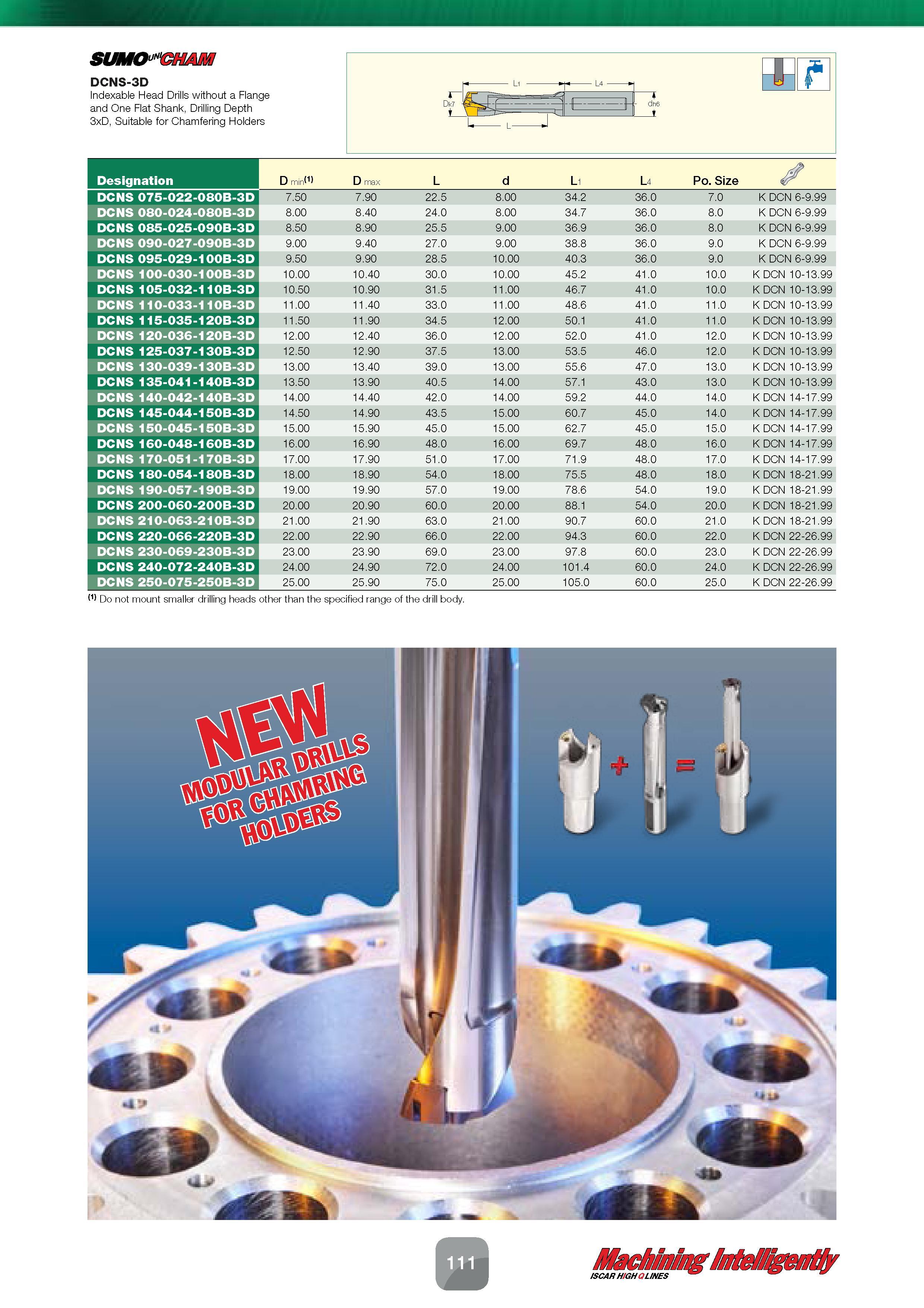 113 Indexable Head Drills SUMO CHAM DCNS-3D without a Flange and One Flat Shank, Drilling Depth 3xD, Suitable for Chamfering Holders D min(1) D max L Каталог ISCAR 2016 Новый металлорежущий инструмент и инструментальная оснастка для металлообрабатывающих промышленных станков и комплексов с ЧПУ Стр. 111