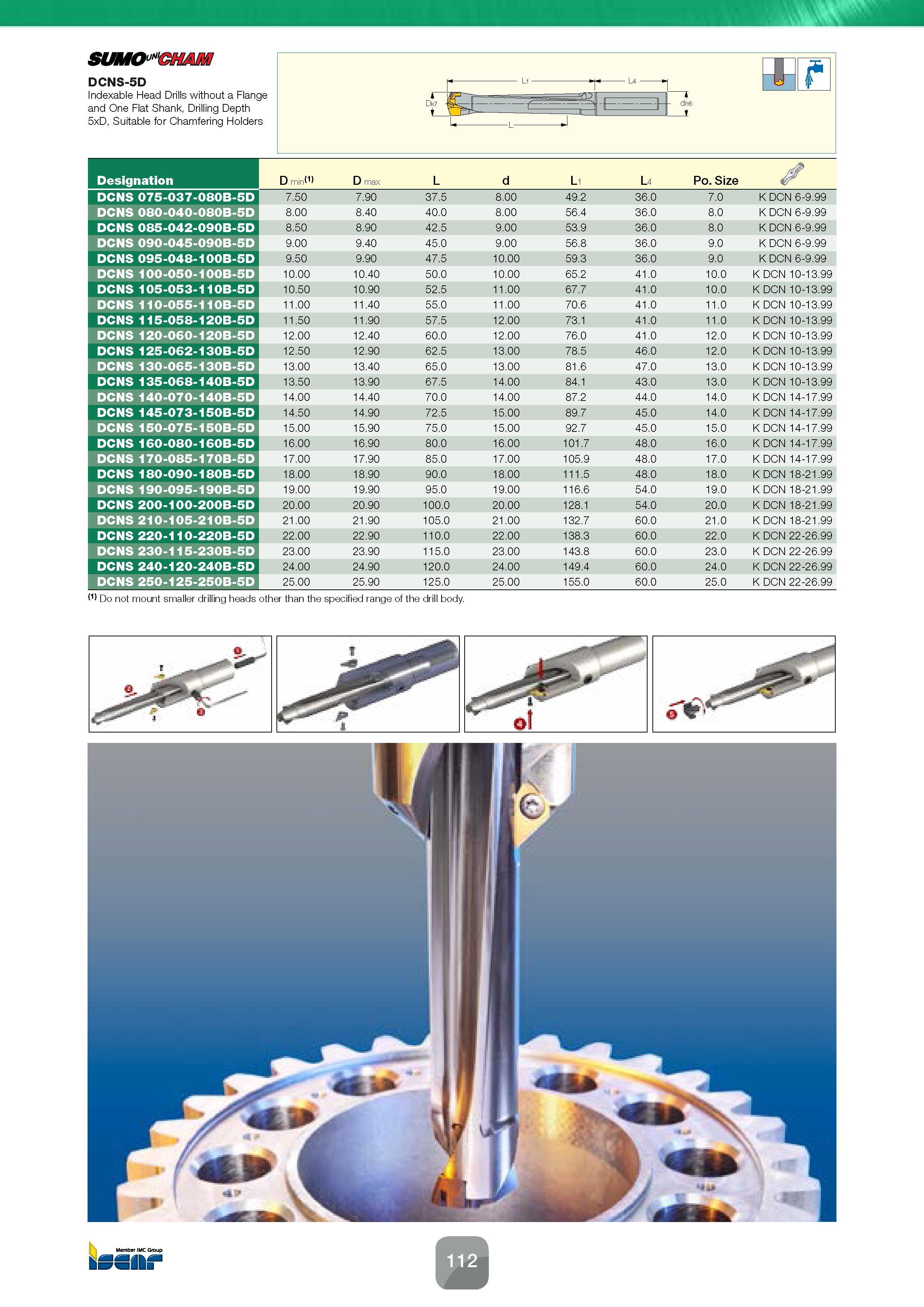 114 Indexable Head Drills DCNS-5D without a Flange and One Flat Shank, Drilling Depth 5xD, Suitable for Chamfering Holders Designation D min(1) D max Каталог ISCAR 2016 Новый металлорежущий инструмент и инструментальная оснастка для металлообрабатывающих промышленных станков и комплексов с ЧПУ Стр. 112