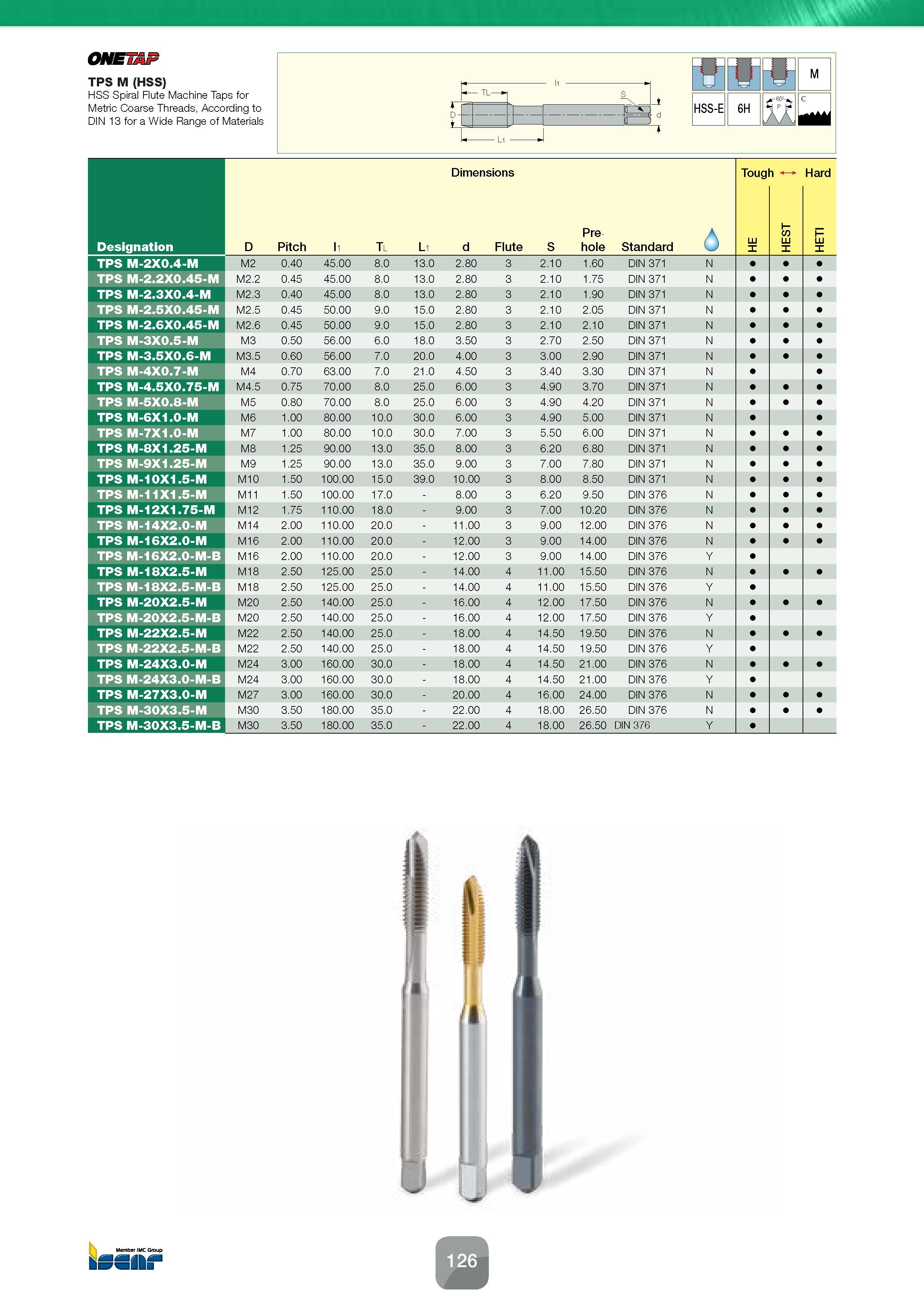 128 ONETA TPS M (HSS) HSS Spiral Flute Machine Taps for Metric Coarse Threads, According to DIN 13 for a Wide Range of Materials - li TL t D- d + m V Каталог ISCAR 2016 Новый металлорежущий инструмент и инструментальная оснастка для металлообрабатывающих промышленных станков и комплексов с ЧПУ Стр. 126