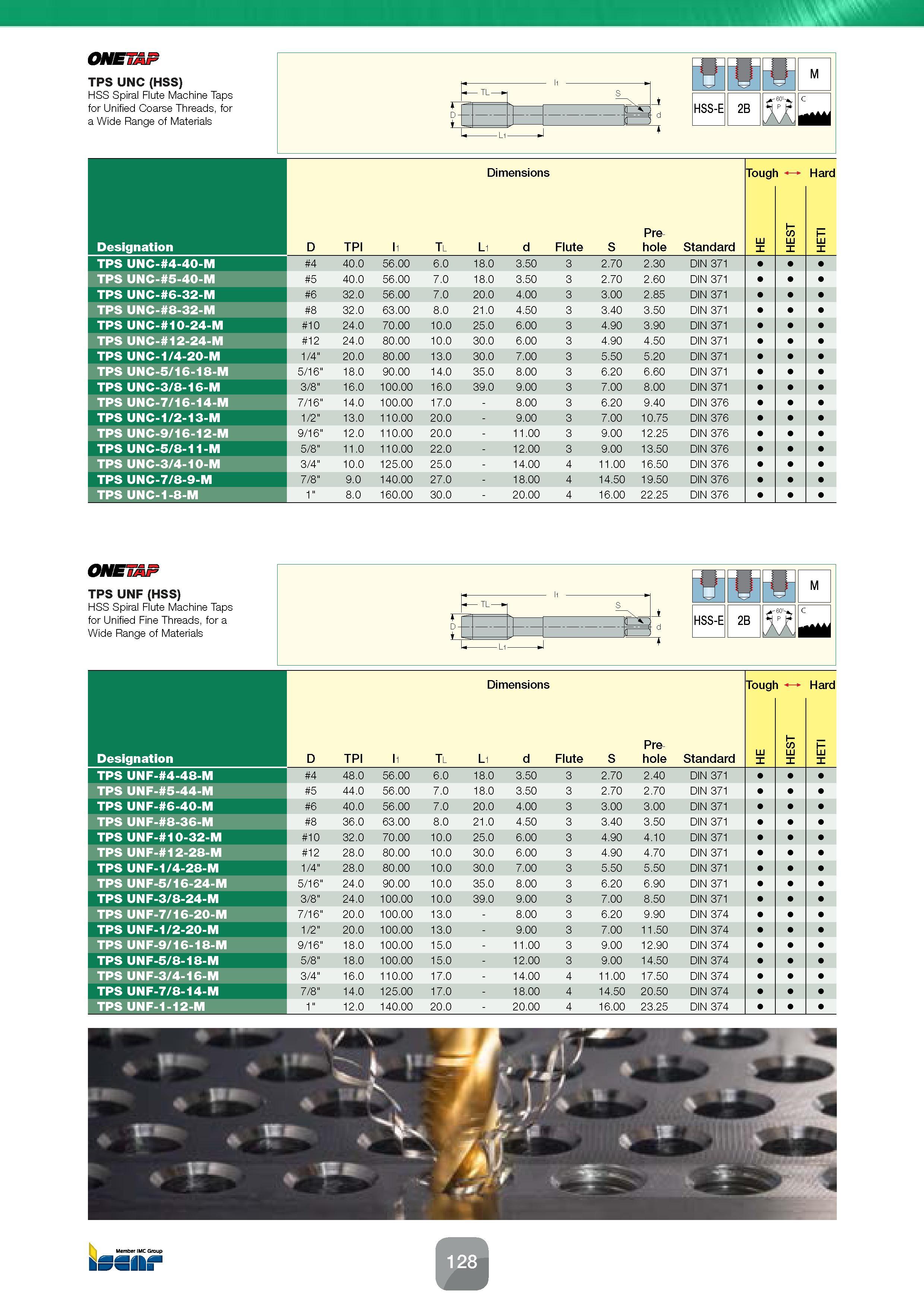 130 ONETA TPS UNC (HSS) HSS Spiral Flute Machine Taps for Unified Coarse Threads, for a Wide Range of Materials Dimensions Tough 1 Hard Designation D Каталог ISCAR 2016 Новый металлорежущий инструмент и инструментальная оснастка для металлообрабатывающих промышленных станков и комплексов с ЧПУ Стр. 128