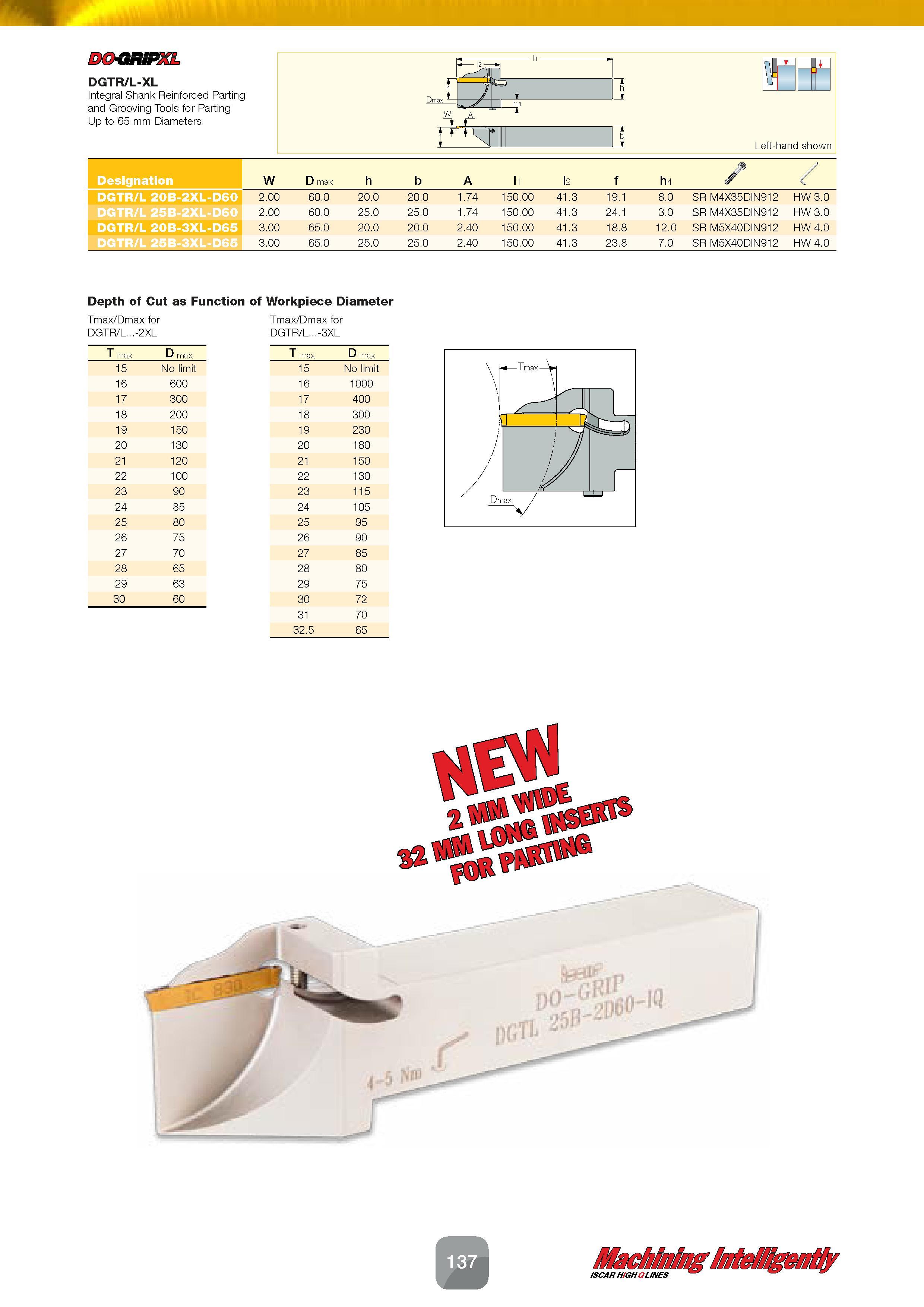 139 jpl V1' D&GRiPXL DGTR/L-XL Integral Shank Reinforced Parting and Grooving Tools for Parting Up to 65 mm Diameters Designation DGTR/L 20B-2XL-D60 Каталог ISCAR 2016 Новый металлорежущий инструмент и инструментальная оснастка для металлообрабатывающих промышленных станков и комплексов с ЧПУ Стр. 137