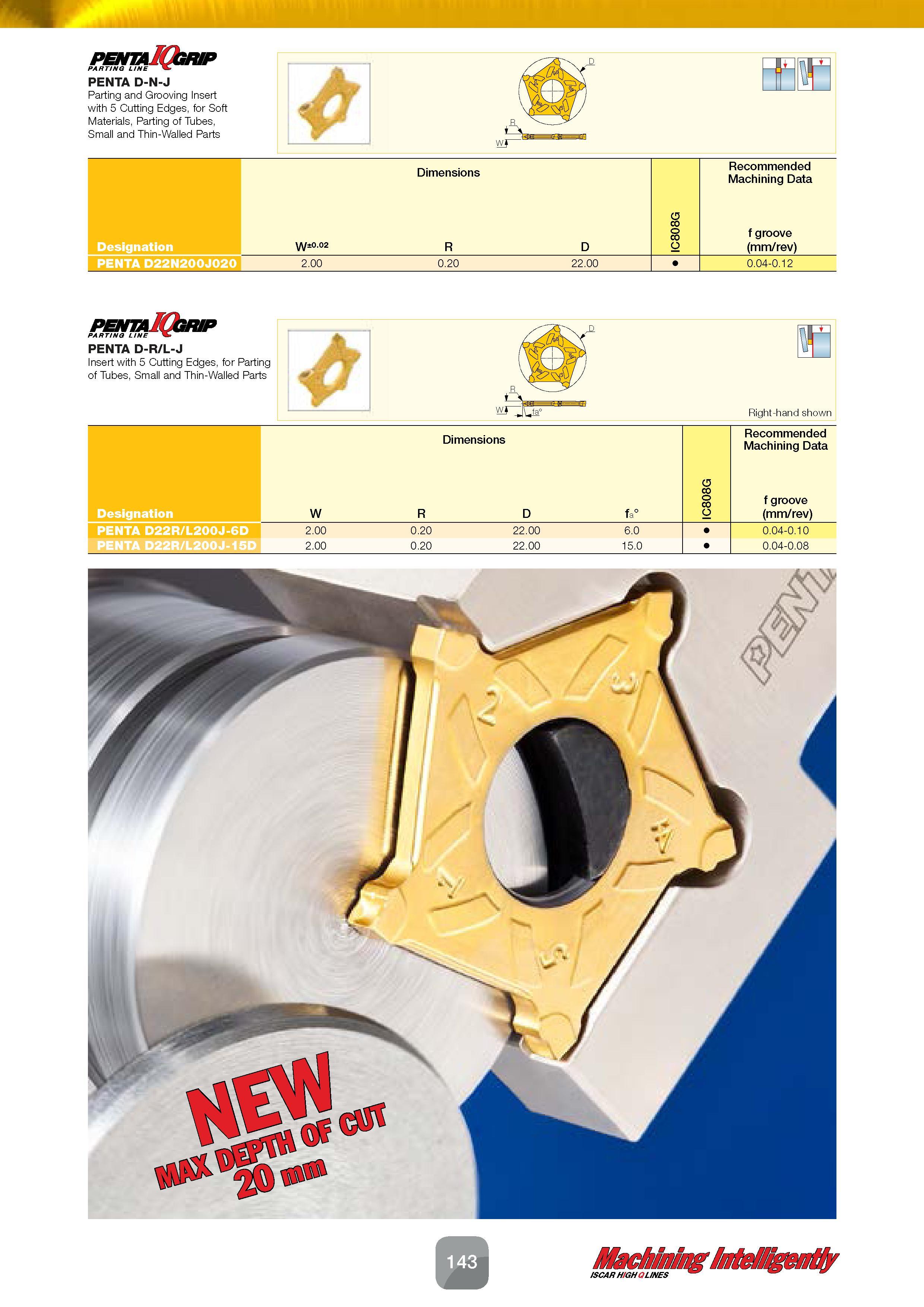 145 pentaIQsrip PARTING LINE PENTA D-N-J Parting and Grooving Insert with 5 Cutting Edges, for Soft Materials, Parting of Tubes, Small and Thin-Walle Каталог ISCAR 2016 Новый металлорежущий инструмент и инструментальная оснастка для металлообрабатывающих промышленных станков и комплексов с ЧПУ Стр. 143