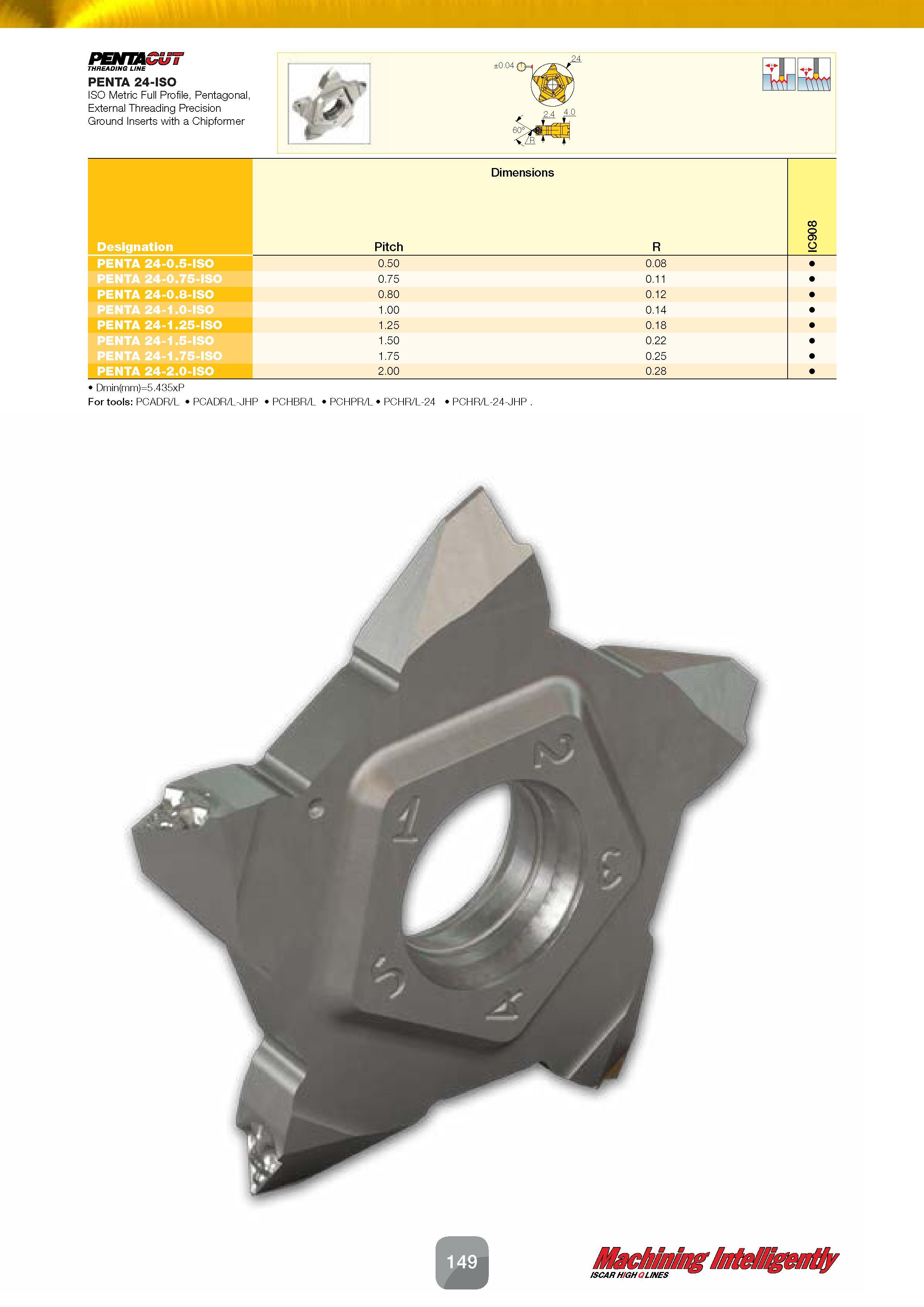 151 PENTA THREADING LINE PENTA 24-ISO ISO Metric Full Profile, Pentagonal, External Threading Precision Ground Inserts with a Chipformer 24 Dimension Каталог ISCAR 2016 Новый металлорежущий инструмент и инструментальная оснастка для металлообрабатывающих промышленных станков и комплексов с ЧПУ Стр. 149