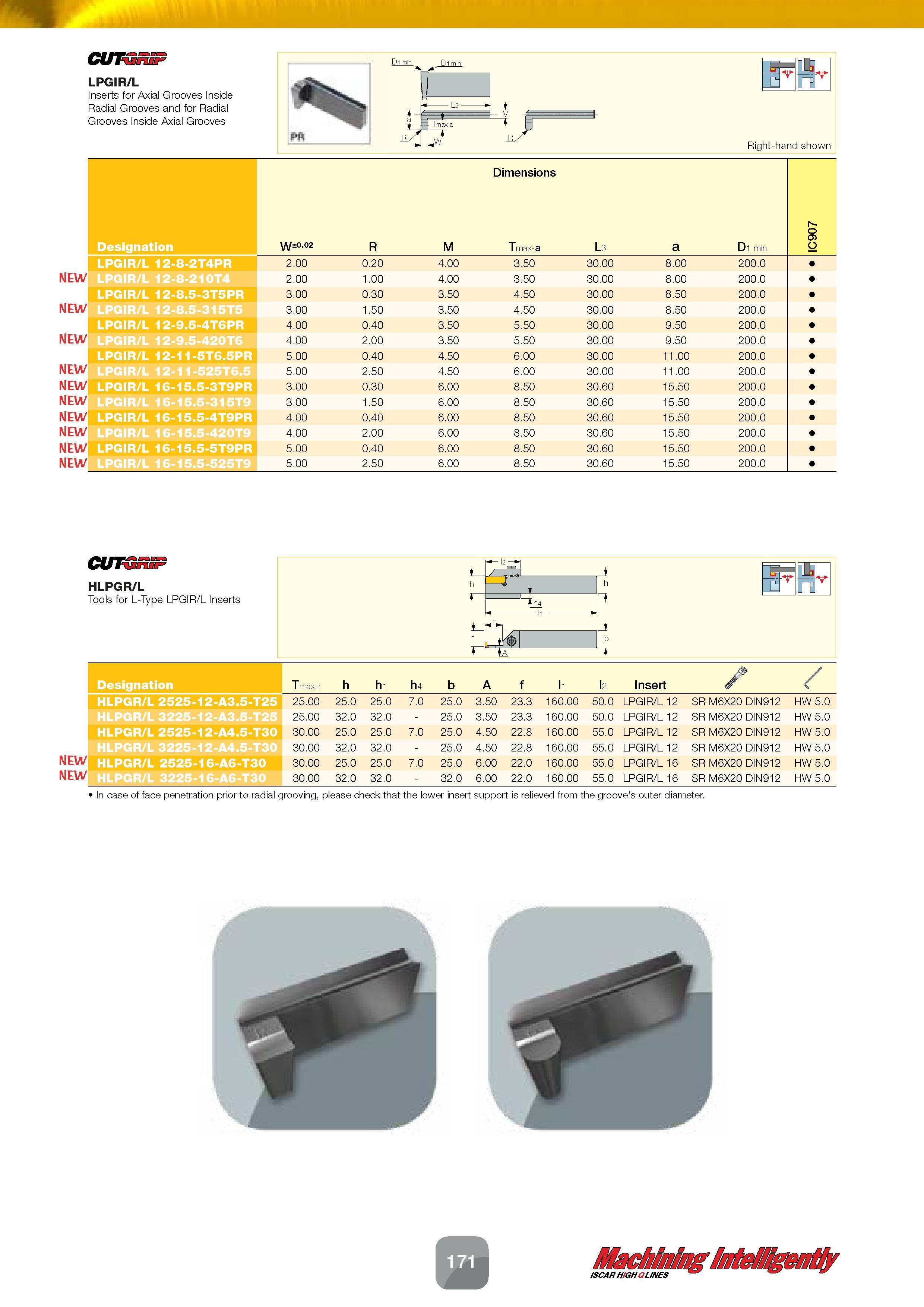 173 Dimensions Designation W±0 02 R M Tmax-a L3 a D 1 min LPGIR/L 12-8-2T4PR 2 00 0 20 4 00 3 50 30 00 8 00 200 0 NEW LPGIR/L 12-8-210T4 2 00 1 00 4 Каталог ISCAR 2016 Новый металлорежущий инструмент и инструментальная оснастка для металлообрабатывающих промышленных станков и комплексов с ЧПУ Стр. 171
