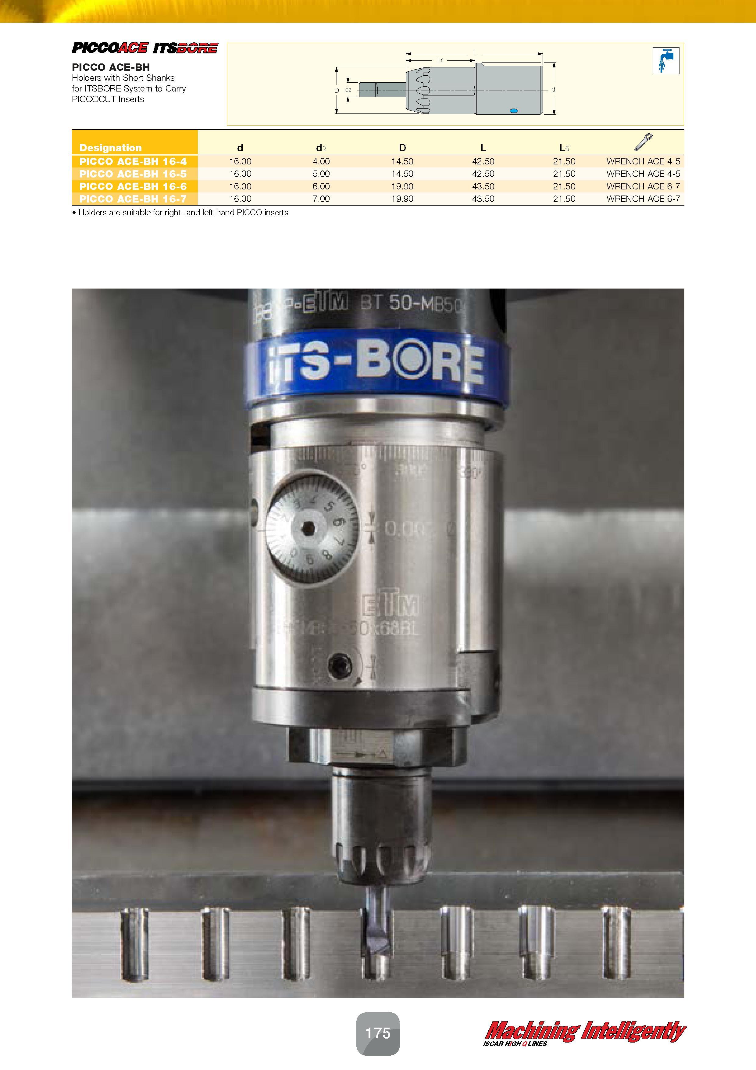 177 PICCOACE ITSBORE PICCO ACE-BH Holders with Short Shanks for ITSBORE System to Carry PICCOCUT Inserts L5 D d2 - d P 1 o M f6 Designation d d2 D L Каталог ISCAR 2016 Новый металлорежущий инструмент и инструментальная оснастка для металлообрабатывающих промышленных станков и комплексов с ЧПУ Стр. 175
