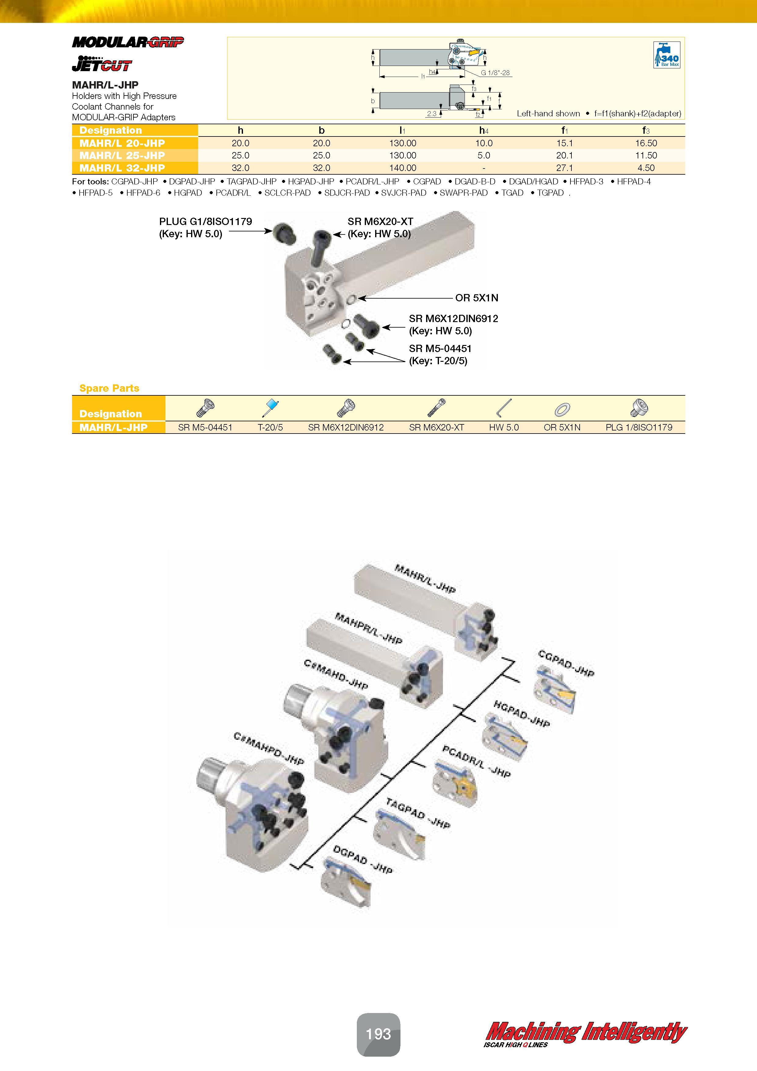 195 MODULAR Jetcut MAHR/L-JHP Holders with High Pressure Coolant Channels for MODULAR-GRIP Adapters h G 1/8 -28 340 'I Bar Max 11 f Left-hand shown f Каталог ISCAR 2016 Новый металлорежущий инструмент и инструментальная оснастка для металлообрабатывающих промышленных станков и комплексов с ЧПУ Стр. 193