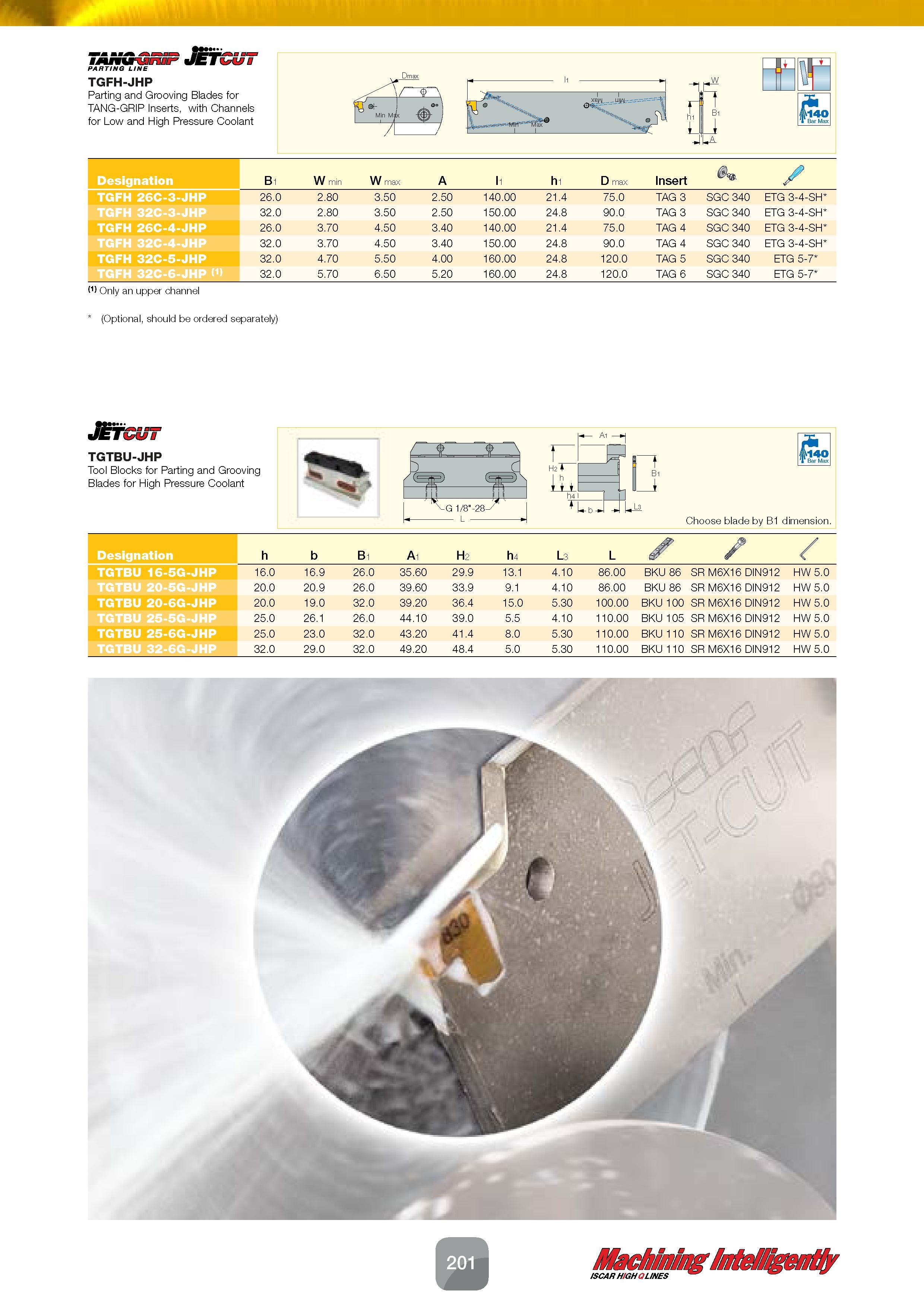 203 TANCrGniF JETCi PARTING LINE TGFH-JHP Parting and Grooving Blades for TANG-GRIP Inserts, with Channels for Low and High Pressure Coolant Designat Каталог ISCAR 2016 Новый металлорежущий инструмент и инструментальная оснастка для металлообрабатывающих промышленных станков и комплексов с ЧПУ Стр. 201
