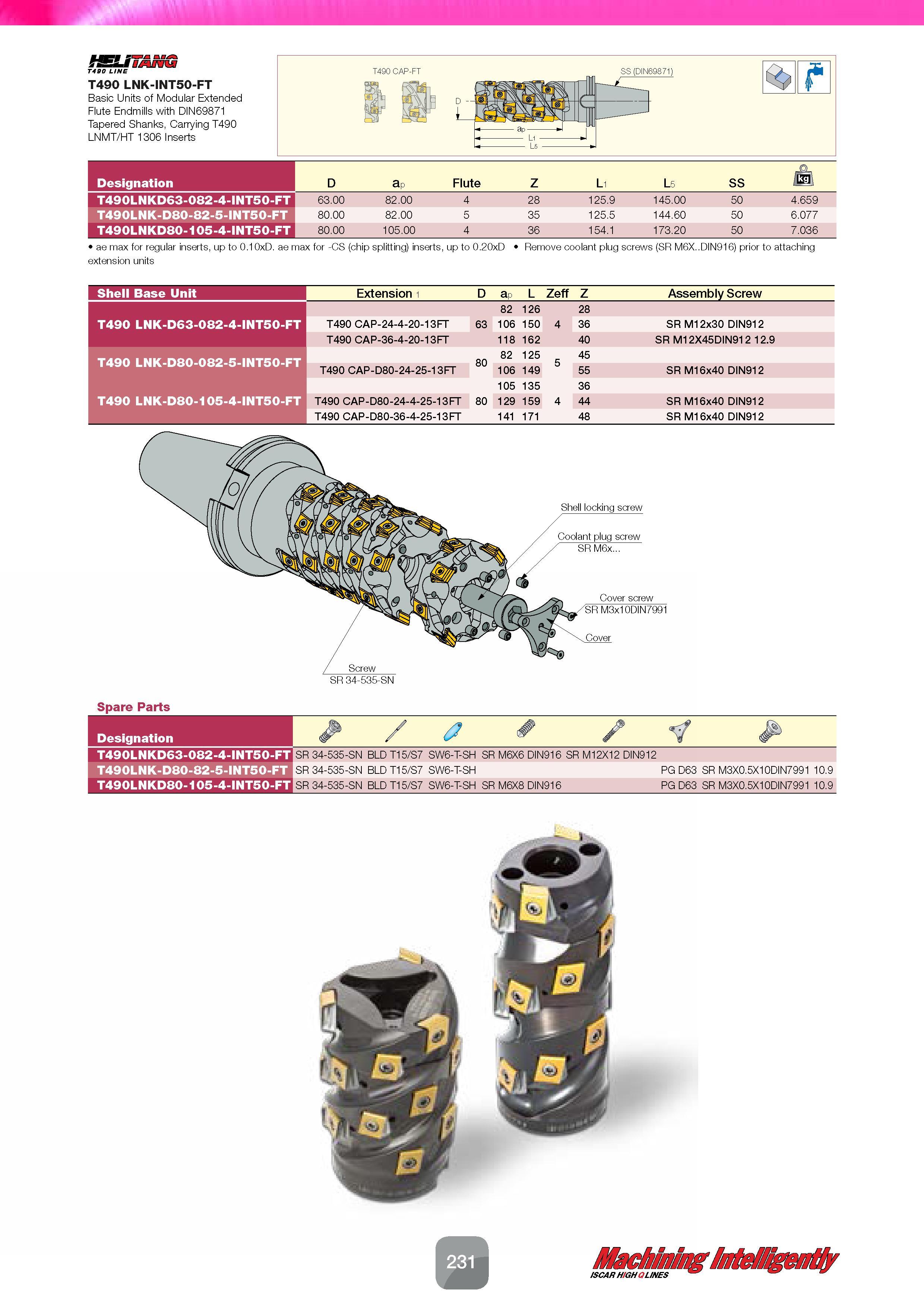 233 Designation D ap Flute Z Li L5 SS /Ml T490LNKD63-082-4-INT50-FT 63 00 82 00 4 28 125 9 145 00 50 4 659 T490LNK-D80-82-5-INT50-FT 80 00 82 00 5 35 Каталог ISCAR 2016 Новый металлорежущий инструмент и инструментальная оснастка для металлообрабатывающих промышленных станков и комплексов с ЧПУ Стр. 231