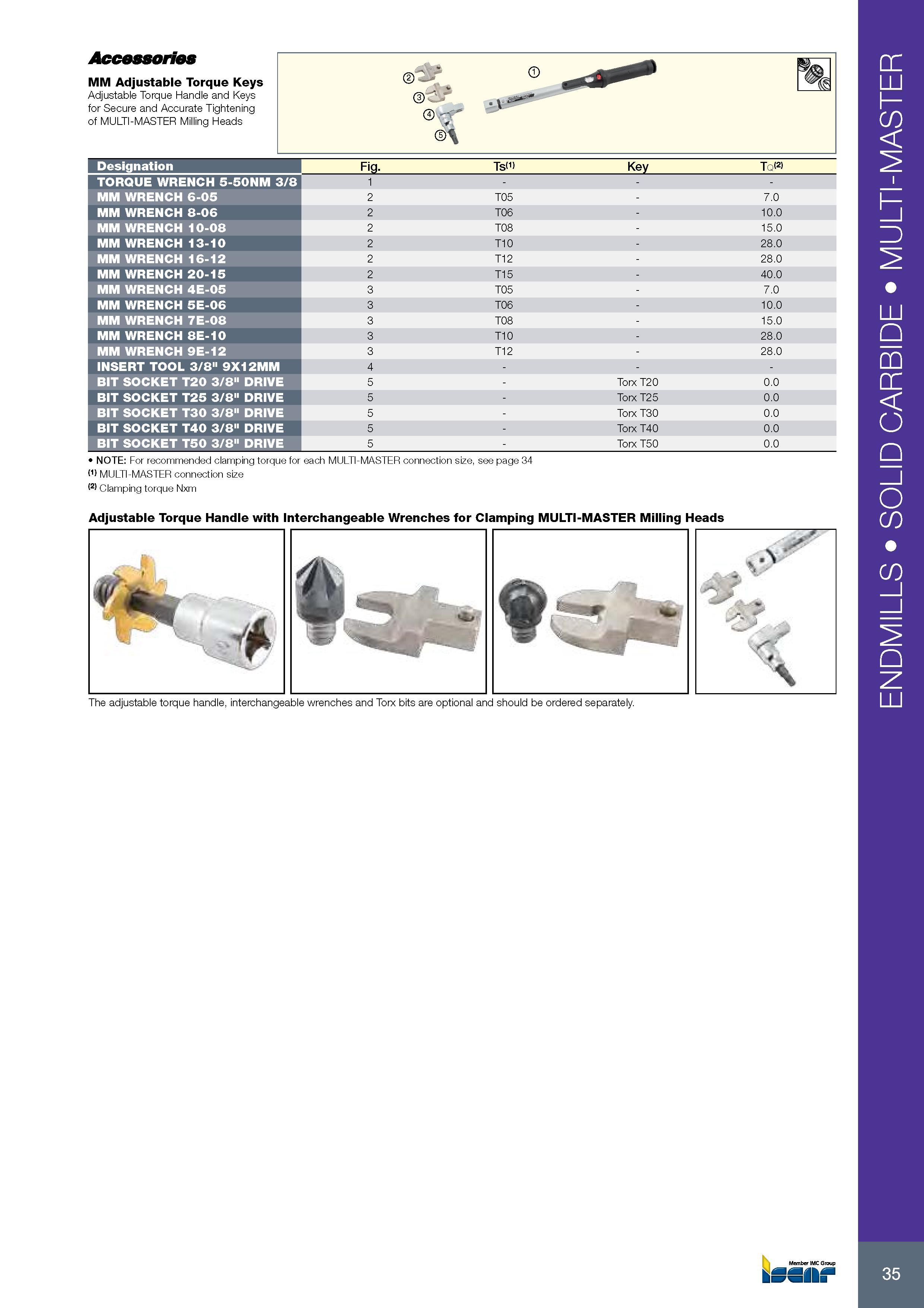 39 Accessories MM Adjustable Torque Keys Adjustable Torque Handle and Keys for Secure and Accurate Tightening of MULTI-MASTER Milling Heads NOTE: For recommend Каталог ISCAR 2017 Вращающийся металлорежущий инструмент и инструментальная оснастка для металлообрабатывающих станков Фрезы Сверла Развертки Расточные системы Стр. 35