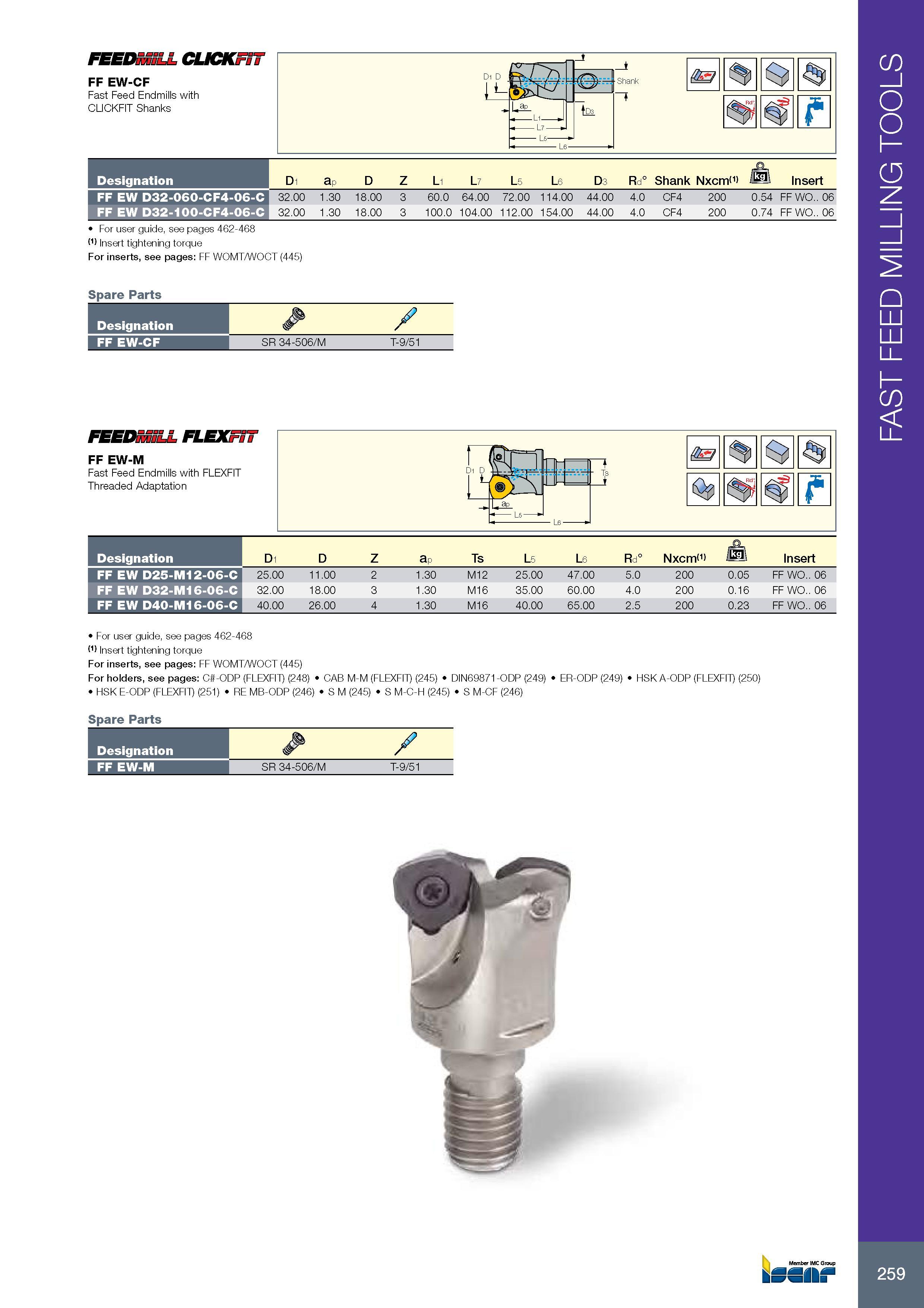 263 FEEDmiLL CLICK FF EW-CF Fast Feed Endmills with CLICKFIT Shanks Обозначение Designation Di ap D Z L1 L7 L5 L6 D3 Rd° Shank Nxcmi1) Insert FF EW D32-060-CF4- Каталог ISCAR 2017 Вращающийся металлорежущий инструмент и инструментальная оснастка для металлообрабатывающих станков Фрезы Сверла Развертки Расточные системы Стр. 259