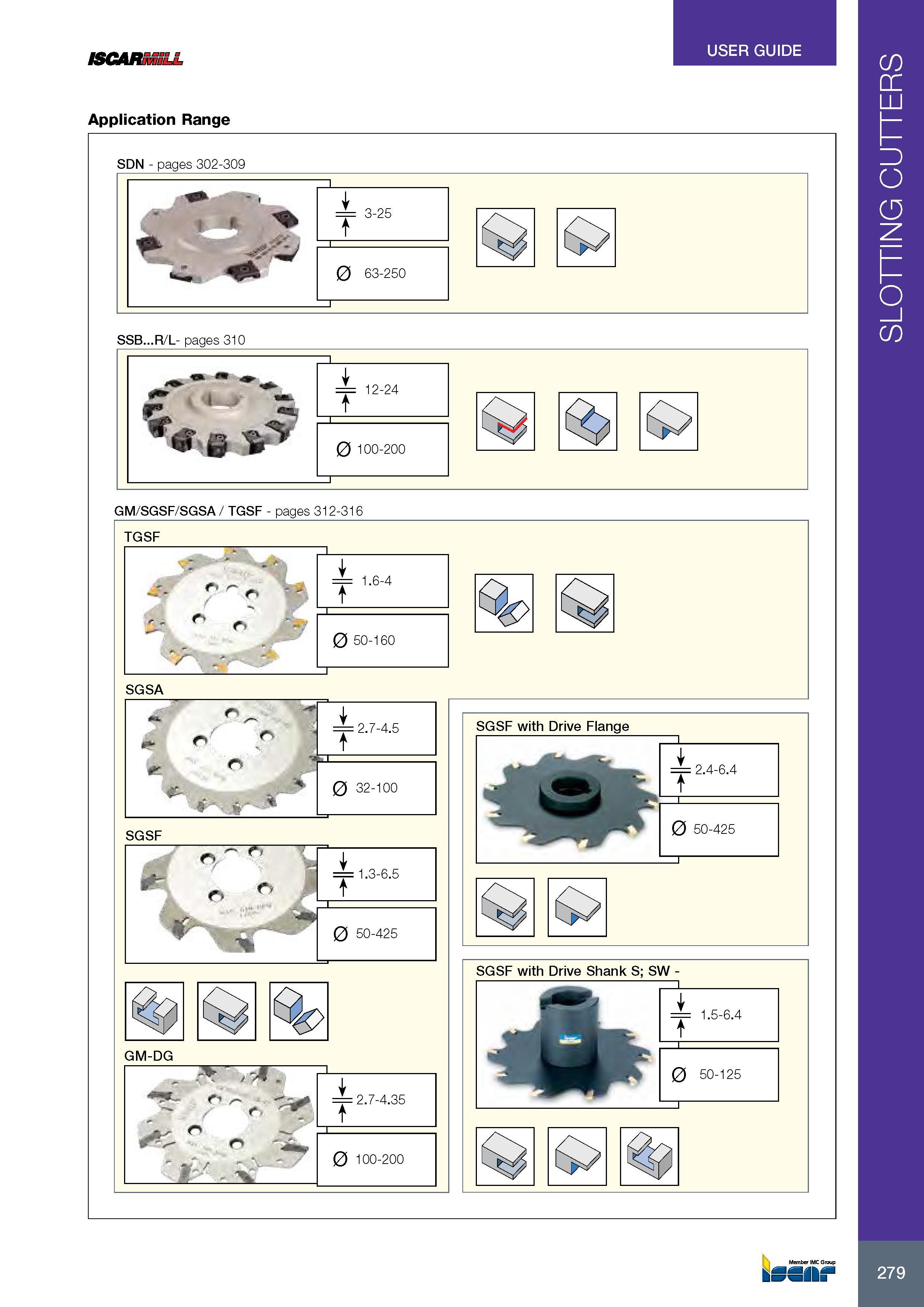 283 ISCARMILL USER GUIDE Application Range SDN - pages 302-309 3-25 0 63-250 SSB R/L- pages 310 12-24 0 100-200 GM/SGSF/SGSA / TGSF - pages 312-316 TGSF SGSF i Каталог ISCAR 2017 Вращающийся металлорежущий инструмент и инструментальная оснастка для металлообрабатывающих станков Фрезы Сверла Развертки Расточные системы Стр. 279