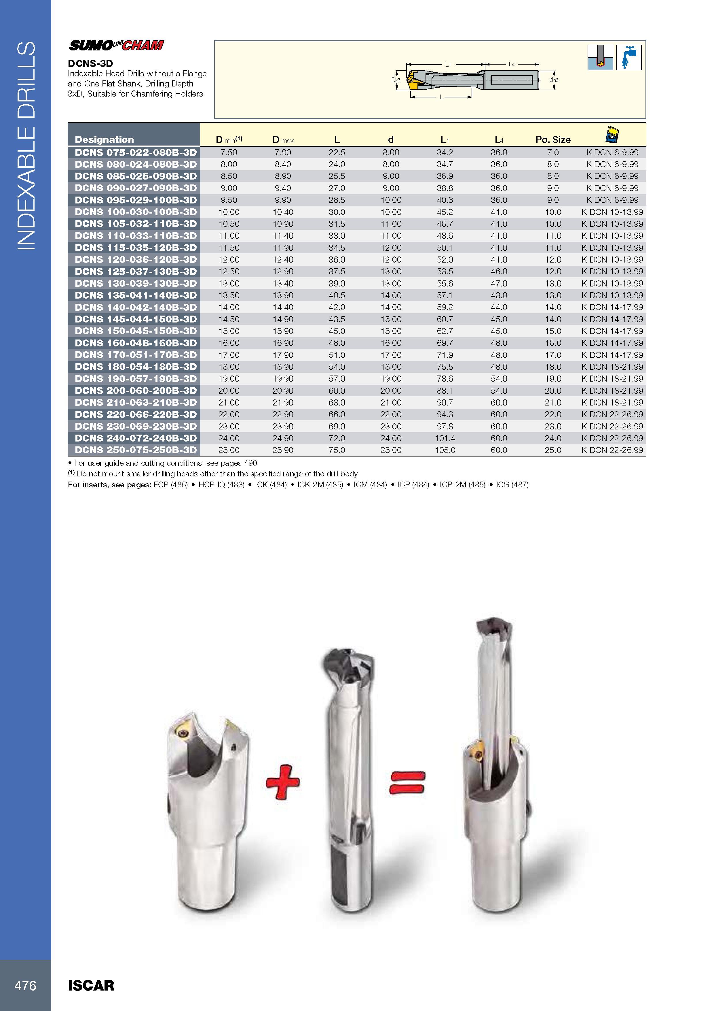480 INDEXABLE DRILLS SUMON DCNS-3D Indexable Head Drills without a Flange and One Flat Shank, Drilling Depth 3xD, Suitable for Chamfering Holders Обозначение De Каталог ISCAR 2017 Вращающийся металлорежущий инструмент и инструментальная оснастка для металлообрабатывающих станков Фрезы Сверла Развертки Расточные системы Стр. 476