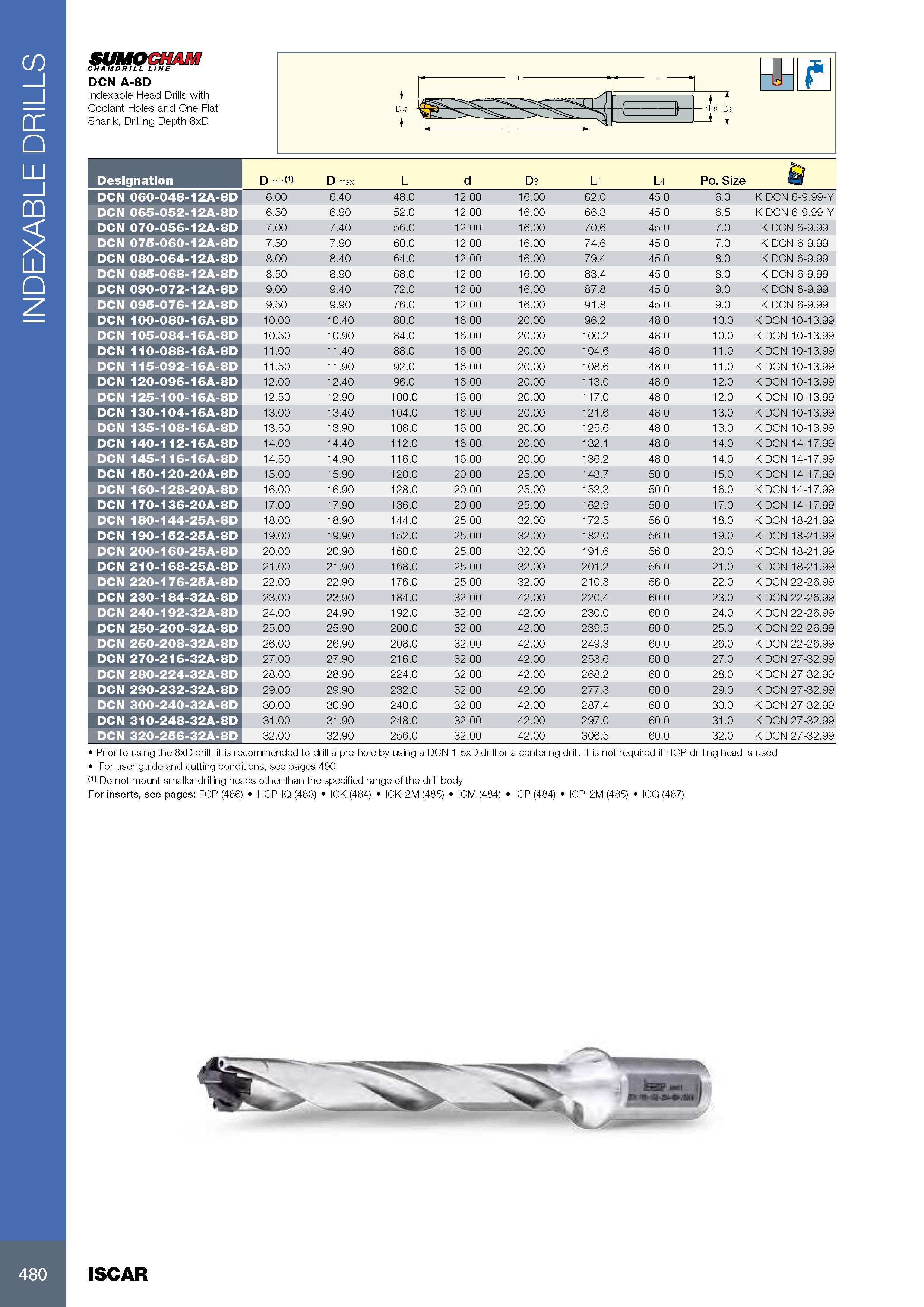 484 INDEXABLE DRILLS SUMOCHAM CHAMDR ILL LINE DCN A-8D Indexable Head Drills with Coolant Holes and One Flat Shank, Drilling Depth 8xD i t - dh6 D3 = i Обозначе Каталог ISCAR 2017 Вращающийся металлорежущий инструмент и инструментальная оснастка для металлообрабатывающих станков Фрезы Сверла Развертки Расточные системы Стр. 480