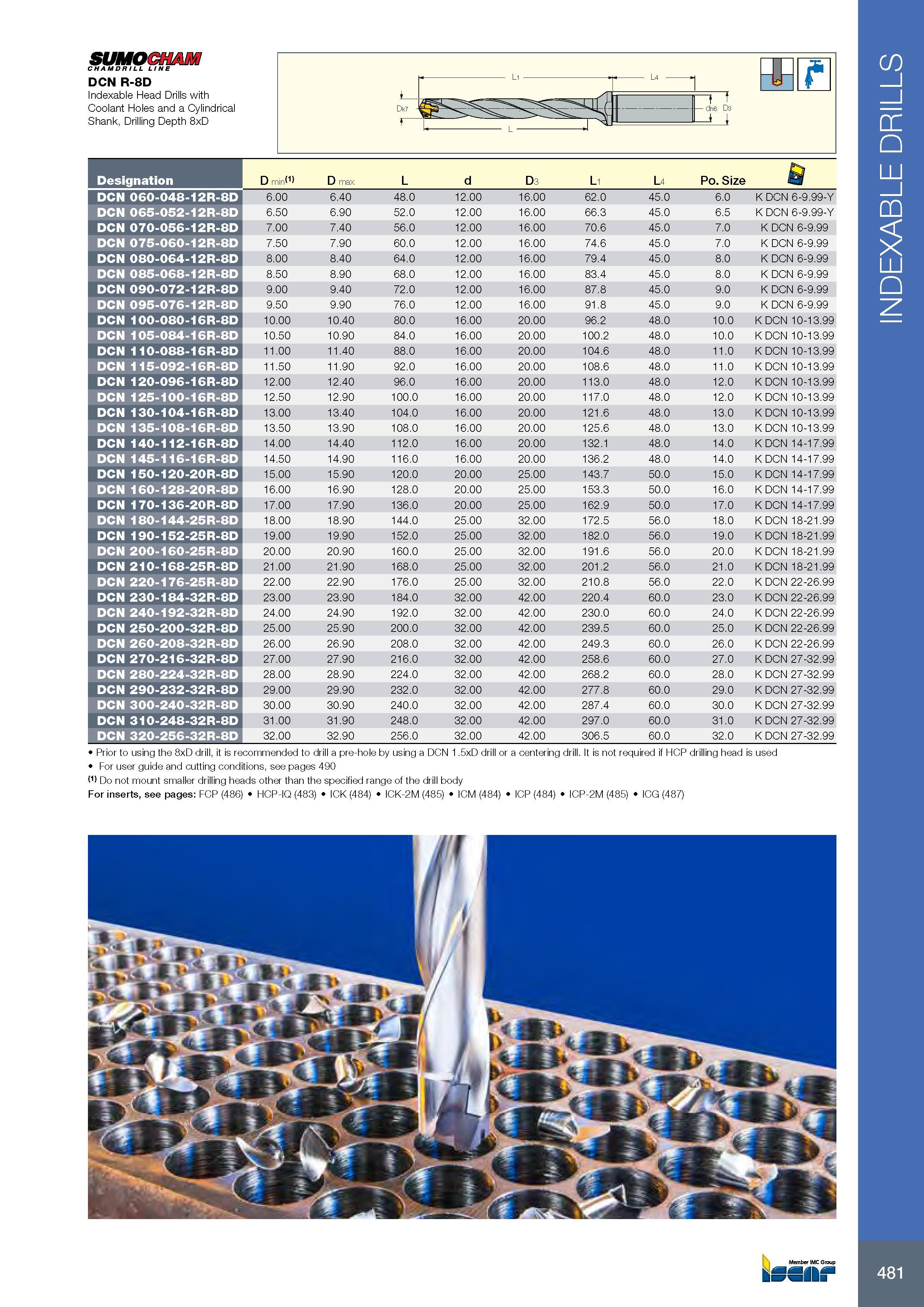 485 SUMOCHAM CHAMDR ILL LINE DCN R-8D Indexable Head Drills with Coolant Holes and a Cylindrical Shank, Drilling Depth 8xD i t - dh6 D3 Обозначение Designation Каталог ISCAR 2017 Вращающийся металлорежущий инструмент и инструментальная оснастка для металлообрабатывающих станков Фрезы Сверла Развертки Расточные системы Стр. 481