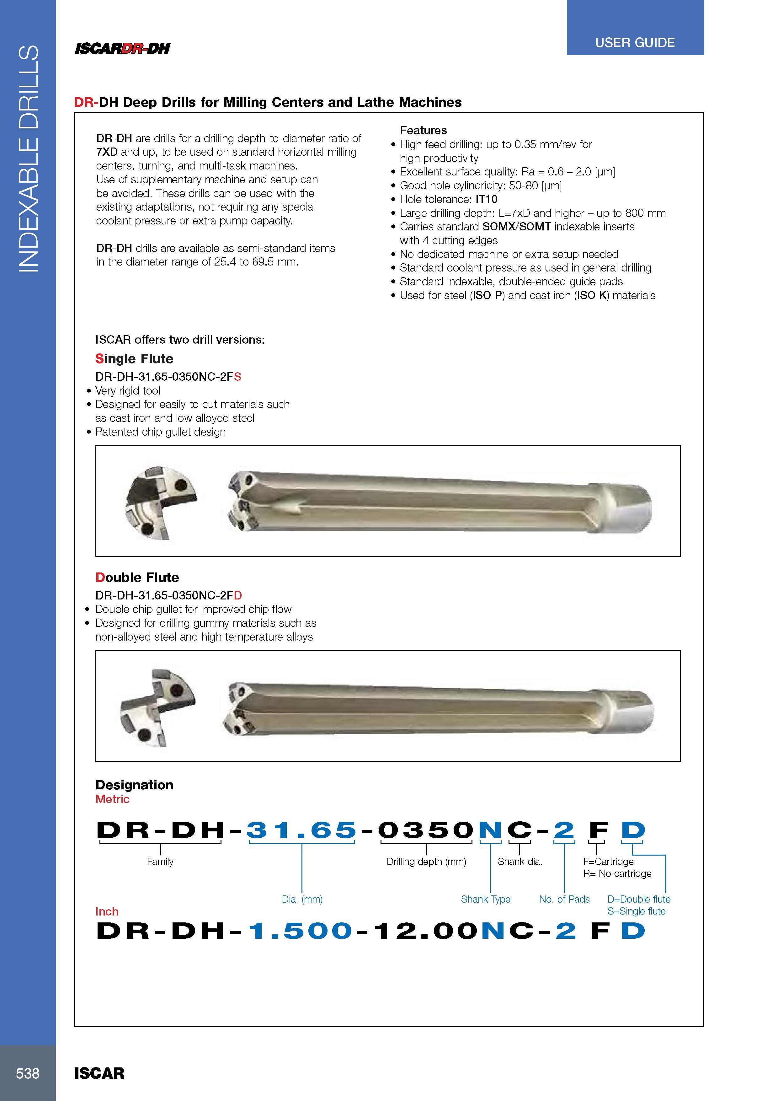 542 INDEXABLE DRILLS ISCAR DH DR-DH Deep Drills for Milling Centers and Lathe Machines USER GUIDE DR-DH are drills for a drilling depth-to-diameter ratio of 7XD Каталог ISCAR 2017 Вращающийся металлорежущий инструмент и инструментальная оснастка для металлообрабатывающих станков Фрезы Сверла Развертки Расточные системы Стр. 538