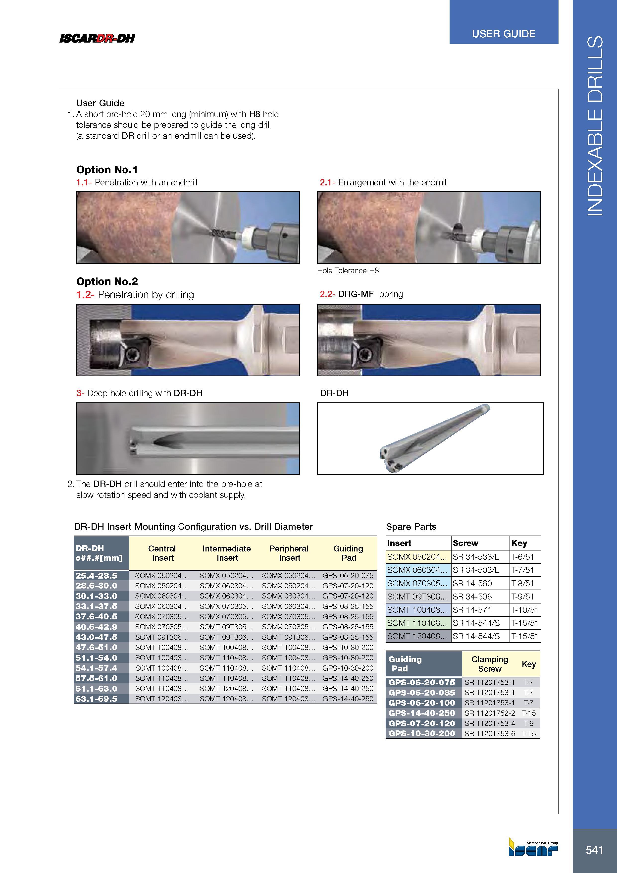 545 ISCAR DH USER GUIDE User Guide 1 A short pre-hole 20 mm long (minimum) with H8 hole tolerance should be prepared to guide the long drill (a standard DR dril Каталог ISCAR 2017 Вращающийся металлорежущий инструмент и инструментальная оснастка для металлообрабатывающих станков Фрезы Сверла Развертки Расточные системы Стр. 541