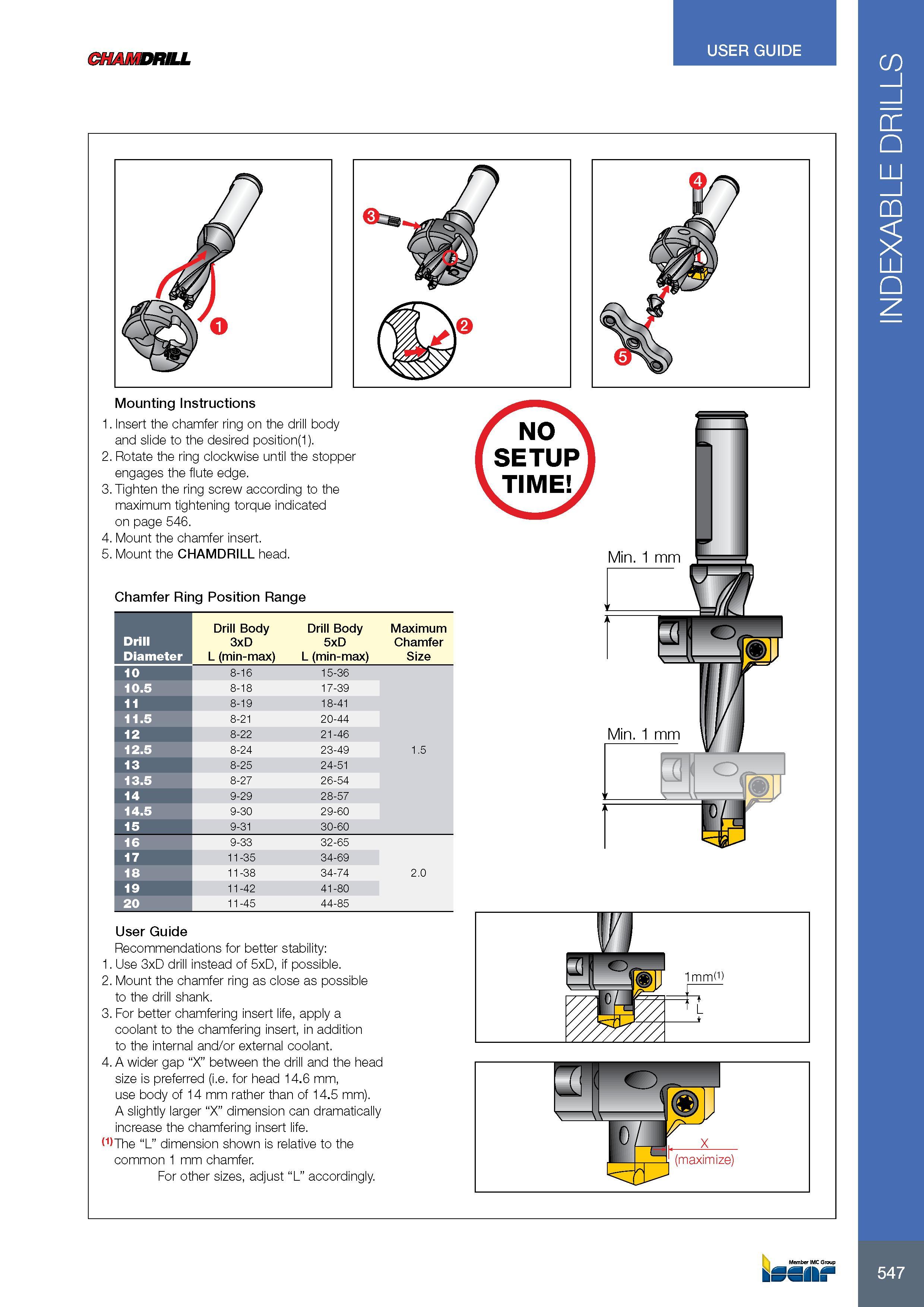 551 CHAMDRILL USER GUIDE 1 Insert the chamfer ring on the drill body and slide to the desired position(1) 2 Rotate the ring clockwise until the stopper engages Каталог ISCAR 2017 Вращающийся металлорежущий инструмент и инструментальная оснастка для металлообрабатывающих станков Фрезы Сверла Развертки Расточные системы Стр. 547