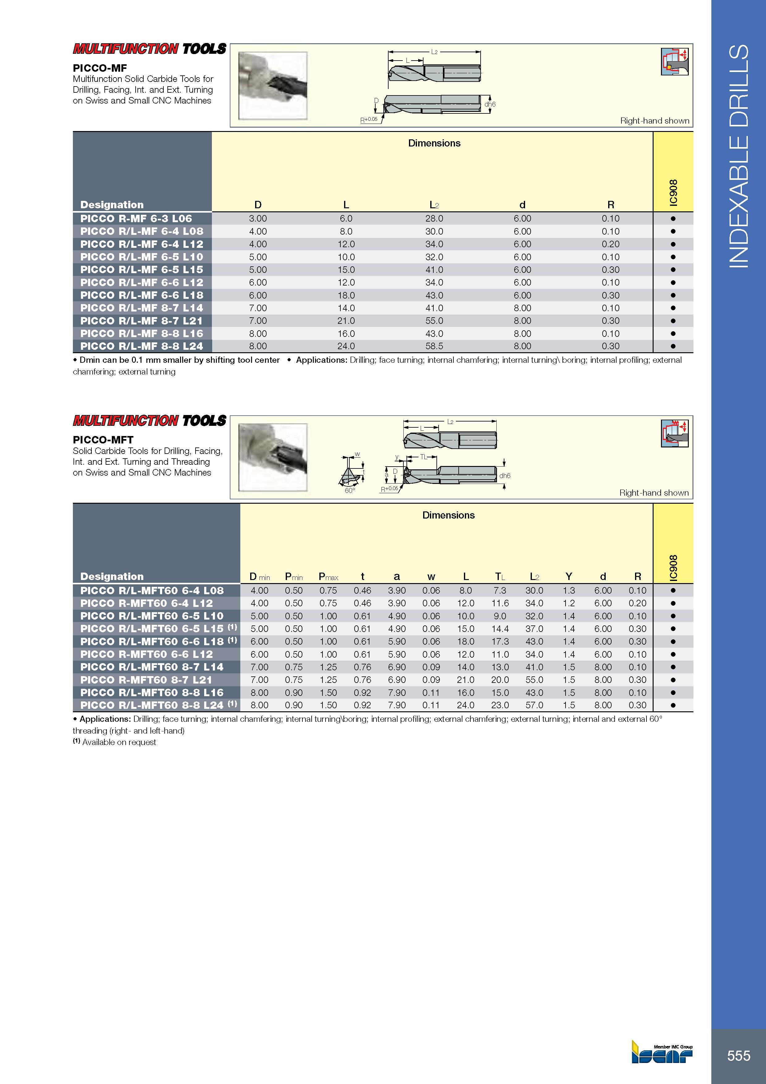 559 TOOLS PICCO-MF Multifunction Solid Carbide Tools for Drilling, Facing, Int and Ext Turning on Swiss and Small CNC Machines dh6 J Right-hand shown Размеры в Каталог ISCAR 2017 Вращающийся металлорежущий инструмент и инструментальная оснастка для металлообрабатывающих станков Фрезы Сверла Развертки Расточные системы Стр. 555