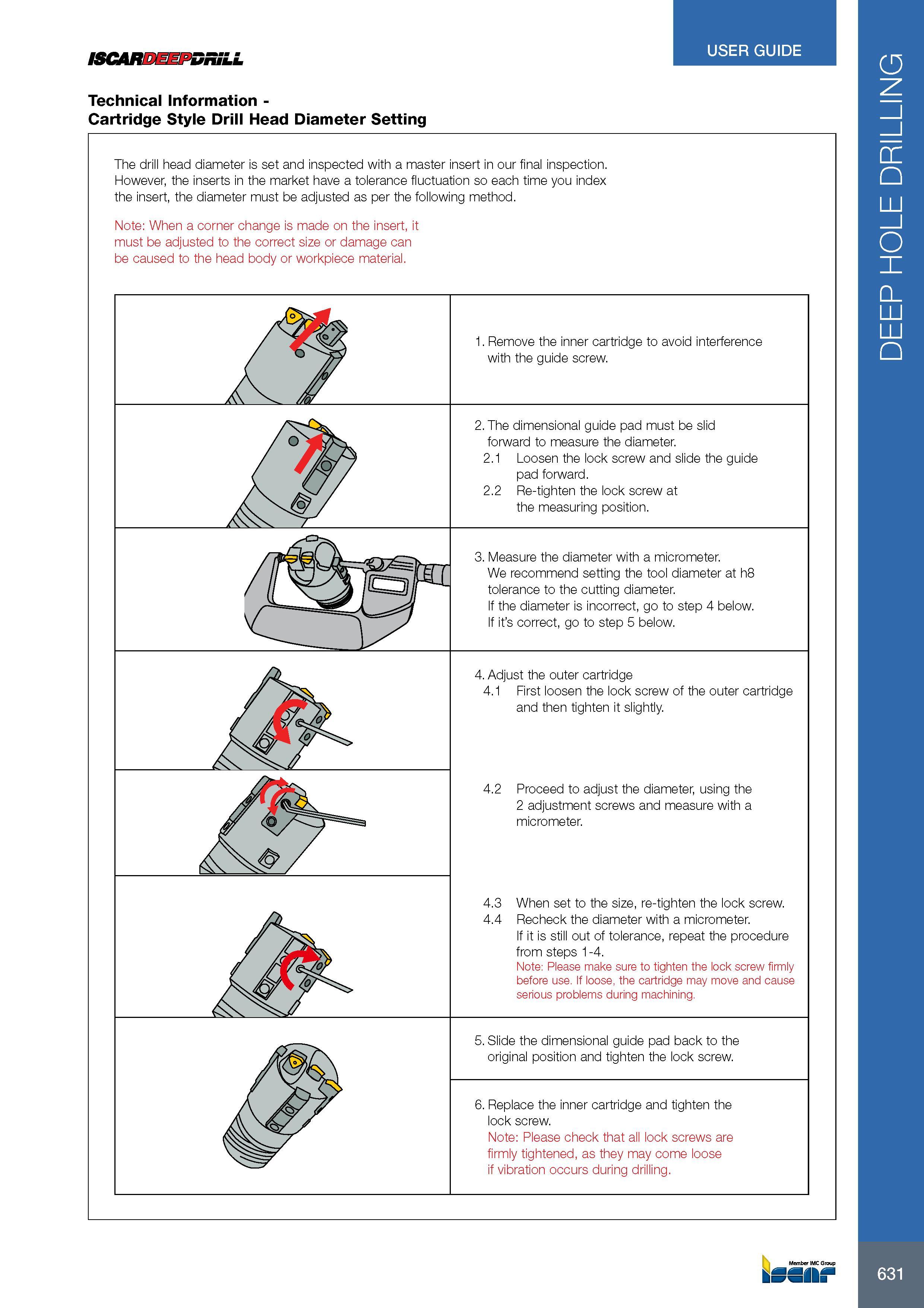 635 ISCARDEEPDRiLL Technical Information -Cartridge Style Drill Head Diameter Setting USER GUIDE The drill head diameter is set and inspected with a master inse Каталог ISCAR 2017 Вращающийся металлорежущий инструмент и инструментальная оснастка для металлообрабатывающих станков Фрезы Сверла Развертки Расточные системы Стр. 631