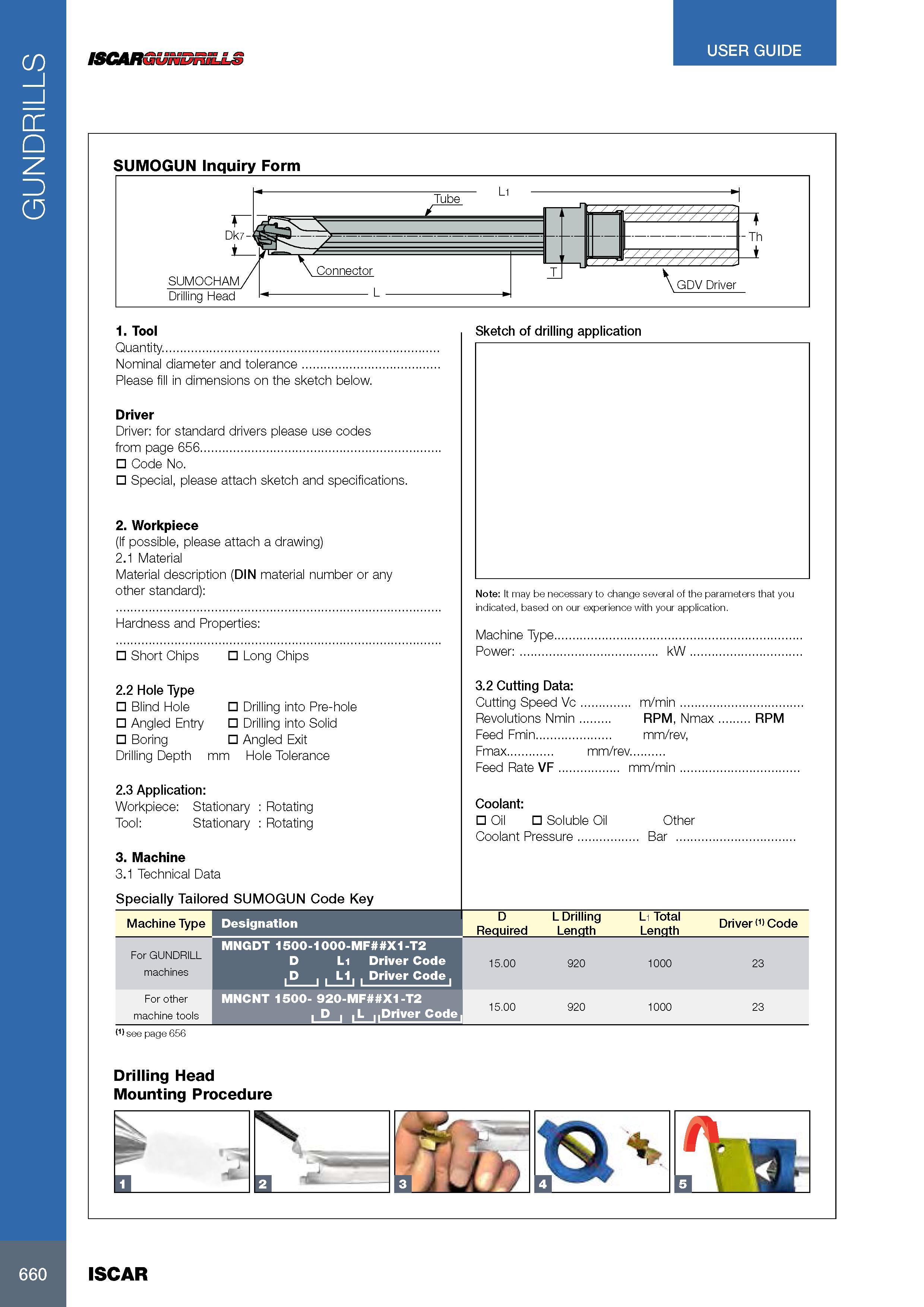 664 GUNDRILLS USER GUIDE ISCAR SUMOGUN Inquiry Form 1 Tool Quantity Nominal diameter and tolerance Please fill in dimensions on the sketch below Sketch of drill Каталог ISCAR 2017 Вращающийся металлорежущий инструмент и инструментальная оснастка для металлообрабатывающих станков Фрезы Сверла Развертки Расточные системы Стр. 660