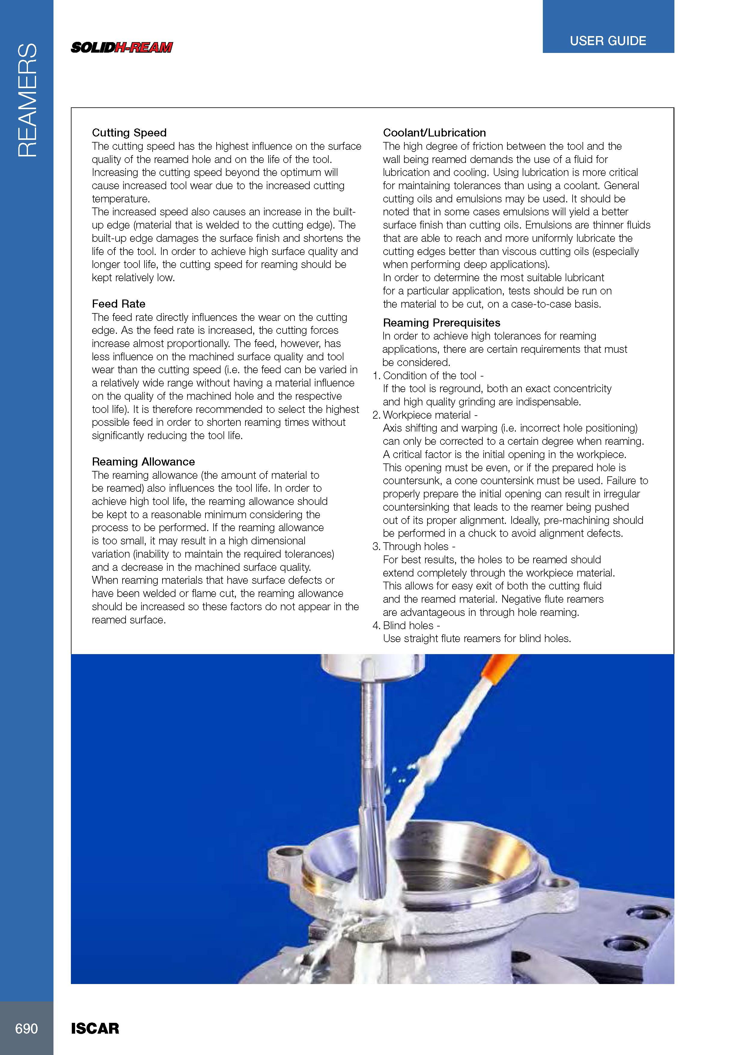 694 REAMERS 690 SOLIDH-REAM USER GUIDE Cutting Speed The cutting speed has the highest influence on the surface quality of the reamed hole and on the life of th Каталог ISCAR 2017 Вращающийся металлорежущий инструмент и инструментальная оснастка для металлообрабатывающих станков Фрезы Сверла Развертки Расточные системы Стр. 690