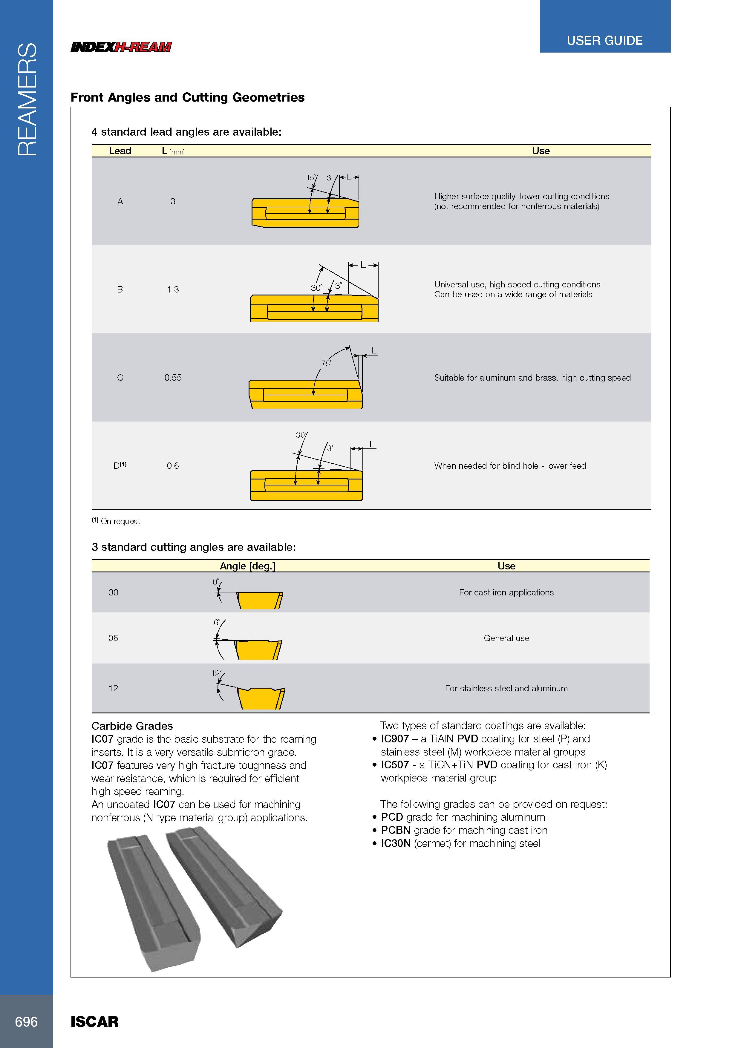 700 REAMERS USER GUIDE INDEXH-REAM Front Angles and Cutting Geometries 4 standard lead angles are available: Lead L mm Use Higher surface quality, lower cutting Каталог ISCAR 2017 Вращающийся металлорежущий инструмент и инструментальная оснастка для металлообрабатывающих станков Фрезы Сверла Развертки Расточные системы Стр. 696