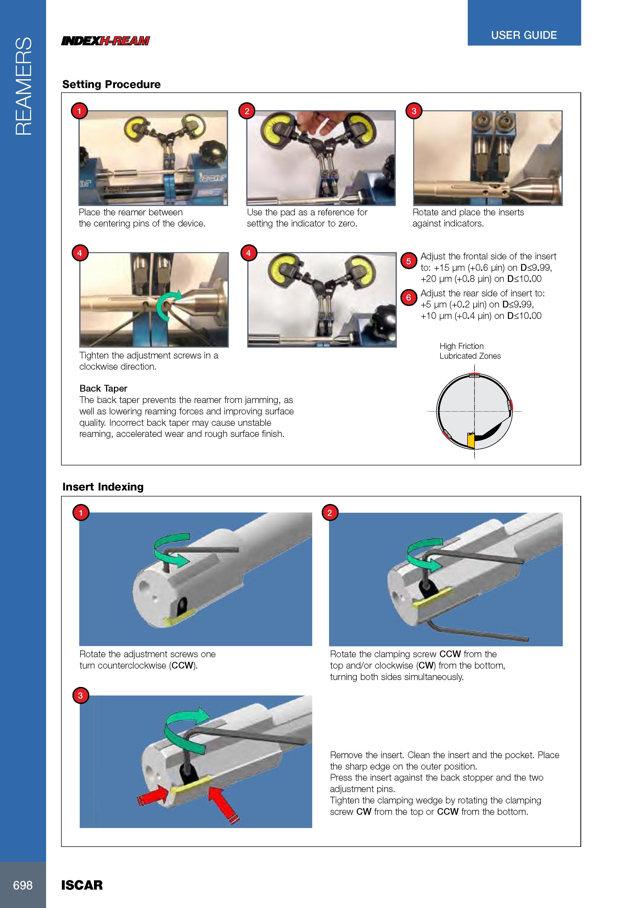 702 REAMERS 698 MDEXH-REAM USER GUIDE Setting Procedure Adjust the frontal side of the insert to: +15 pm (+0 6 pin) on D<9 99, +20 pm (+0 8 pin) on D<10 00 Adju Каталог ISCAR 2017 Вращающийся металлорежущий инструмент и инструментальная оснастка для металлообрабатывающих станков Фрезы Сверла Развертки Расточные системы Стр. 698