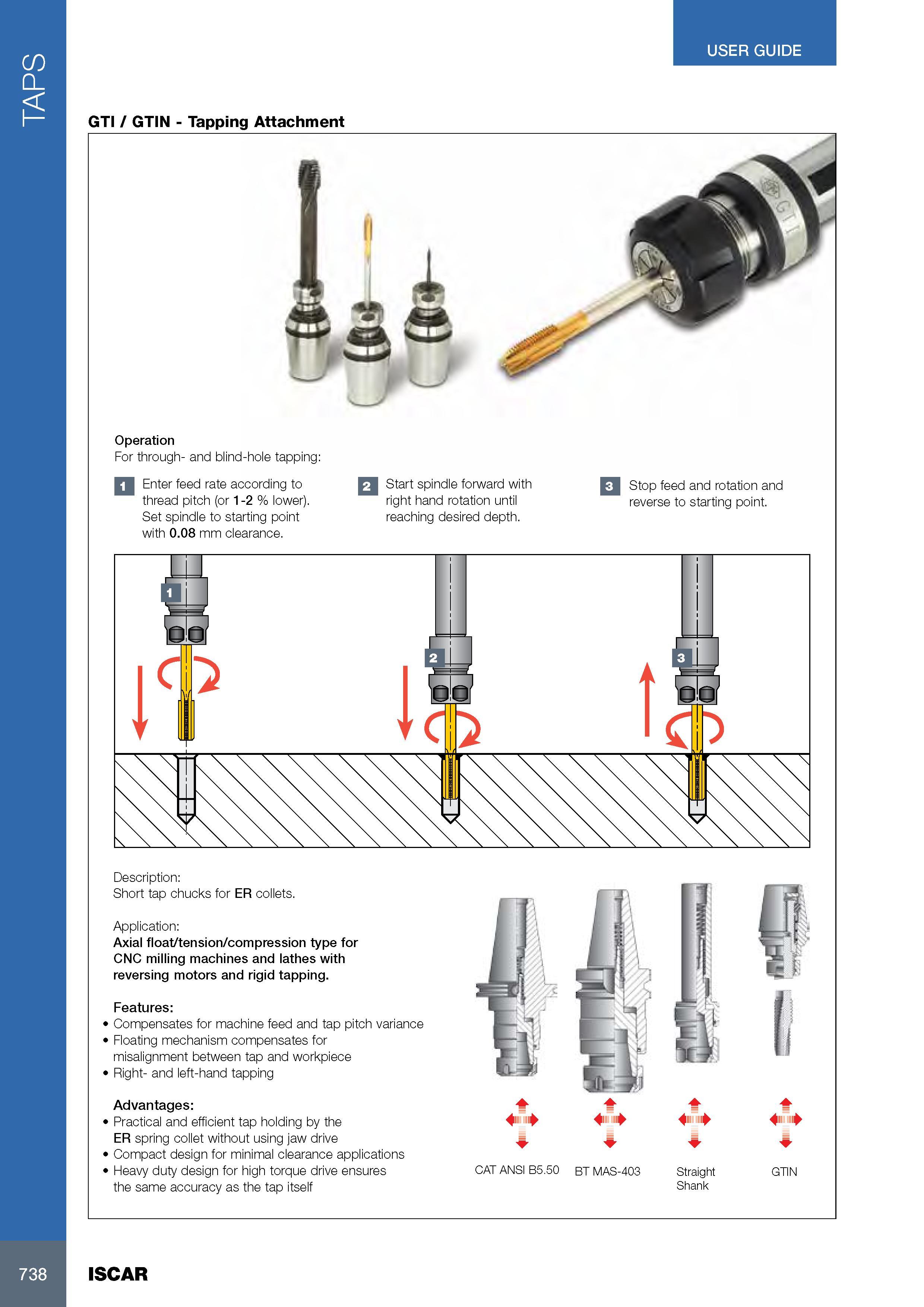 742 TAPS USER GUIDE GTI / GTIN - Tapping Attachment Operation For through- and blind-hole tapping: Enter feed rate according to thread pitch (or 1-2 % lower) Se Каталог ISCAR 2017 Вращающийся металлорежущий инструмент и инструментальная оснастка для металлообрабатывающих станков Фрезы Сверла Развертки Расточные системы Стр. 738