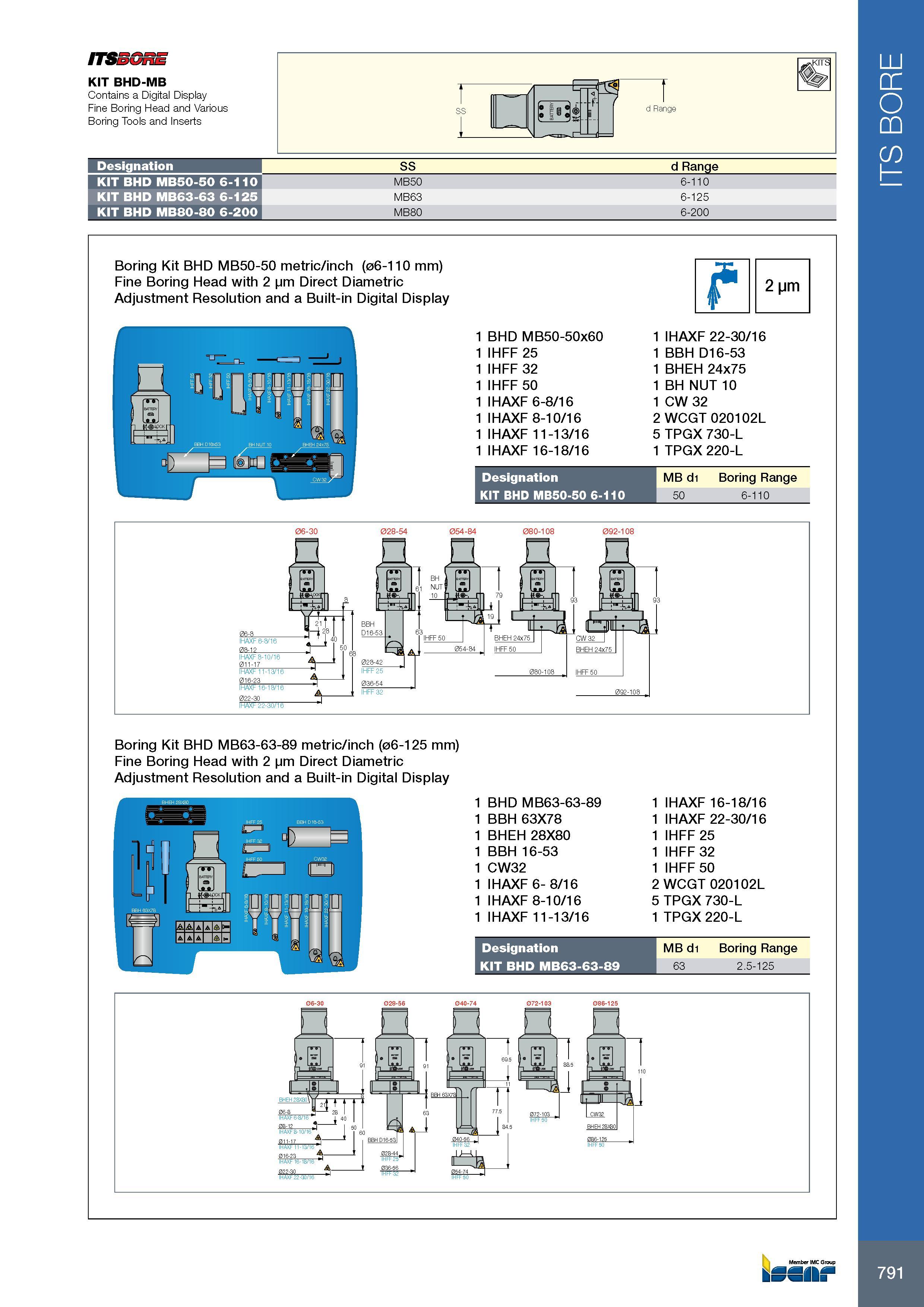 795 ITSSGRE KIT BHD-MB Contains a Digital Display Fine Boring Head and Various Boring Tools and Inserts d Range Обозначение Designation SS d Range KIT BHD MB50- Каталог ISCAR 2017 Вращающийся металлорежущий инструмент и инструментальная оснастка для металлообрабатывающих станков Фрезы Сверла Развертки Расточные системы Стр. 791