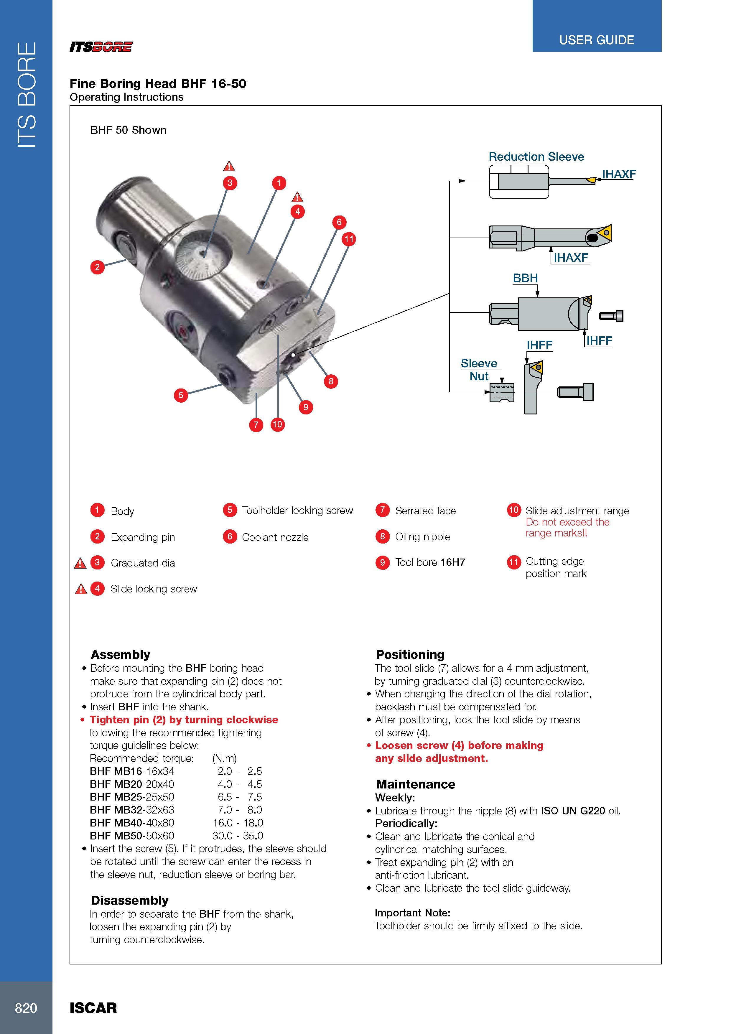 824 ITS BORE USER GUIDE ITSSGnE Fine Boring Head BHF 16-50 Operating Instructions BHF 50 Shown Reduction Sleeve IS- IHAXF IHAXF BBH czeD IHFF IHFF Sleeve Nut -a Каталог ISCAR 2017 Вращающийся металлорежущий инструмент и инструментальная оснастка для металлообрабатывающих станков Фрезы Сверла Развертки Расточные системы Стр. 820