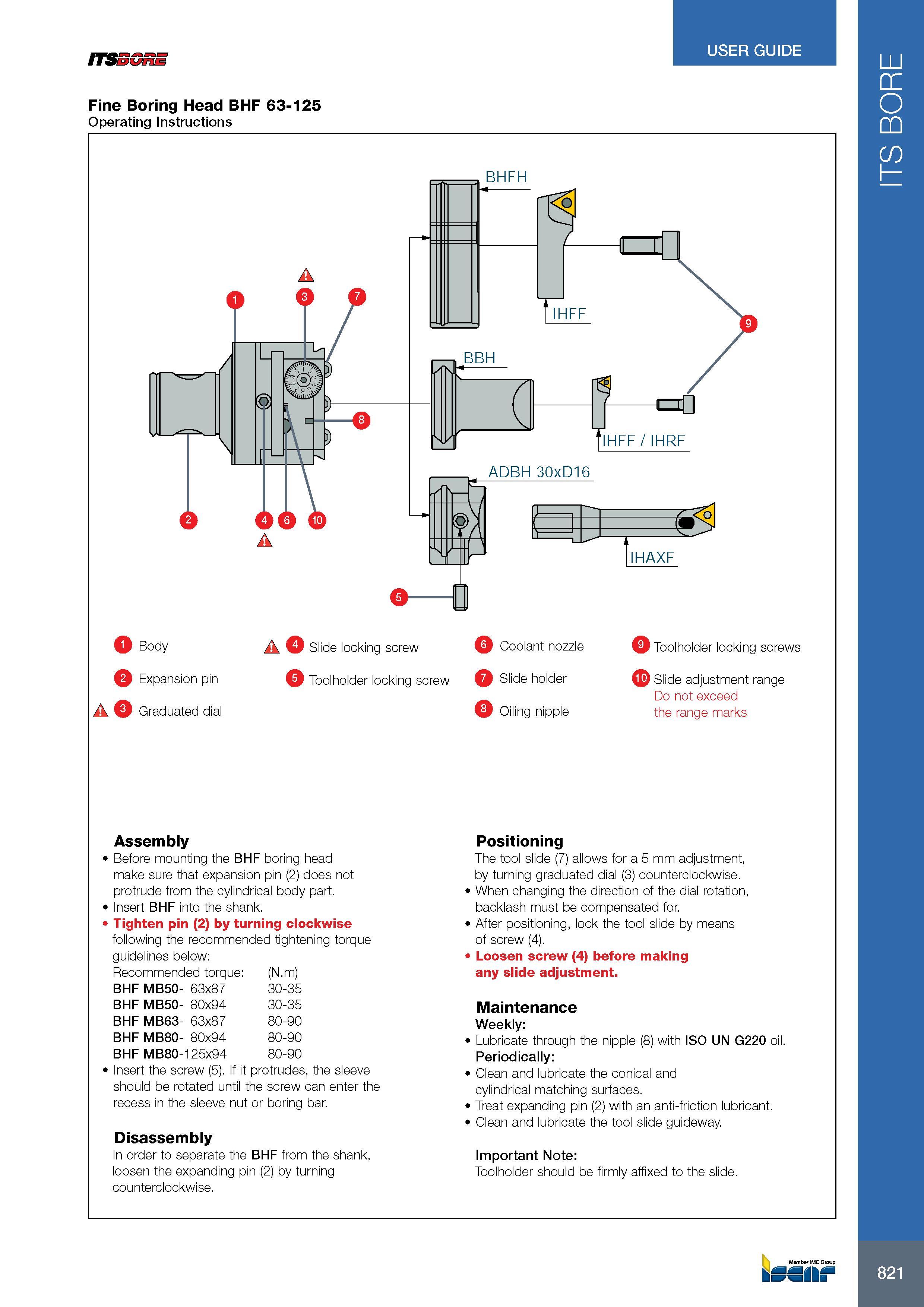 825 ITSSGnE USER GUIDE Fine Boring Head BHF 63-125 Operating Instructions Body a Expansion pin Graduated dial a Coolant nozzle ft Slide holder W Oiling nipple T Каталог ISCAR 2017 Вращающийся металлорежущий инструмент и инструментальная оснастка для металлообрабатывающих станков Фрезы Сверла Развертки Расточные системы Стр. 821