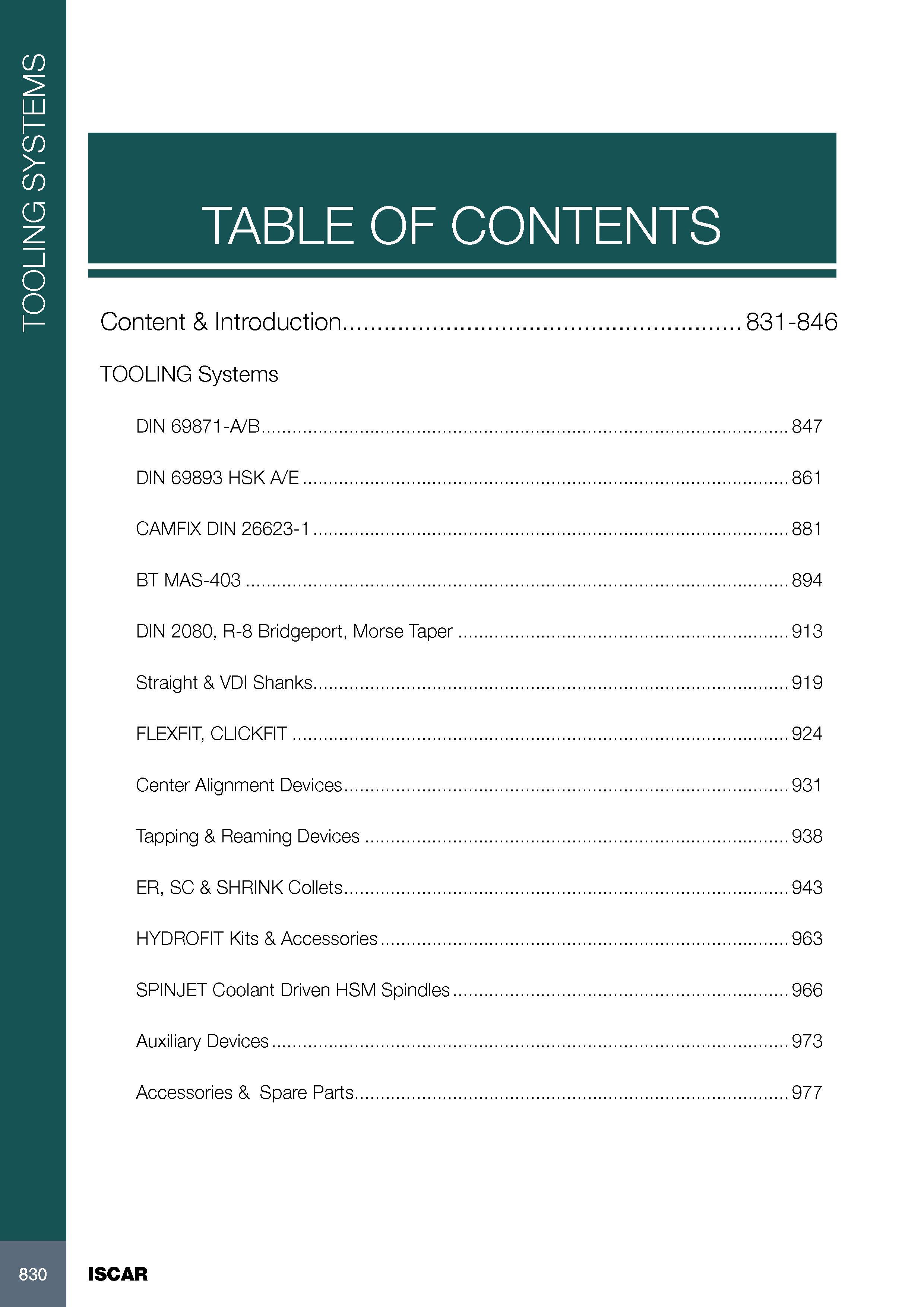834 TOOLING SYSTEMS TABLE OF CONTENTS Content & Introduction 831-846 TOOLING Systems DIN 69871-A/B 847 DIN 69893 HSK A/E 861 CAMFIX DIN 26623-1 881 BT MAS-403 8 Каталог ISCAR 2017 Вращающийся металлорежущий инструмент и инструментальная оснастка для металлообрабатывающих станков Фрезы Сверла Развертки Расточные системы Стр. 830