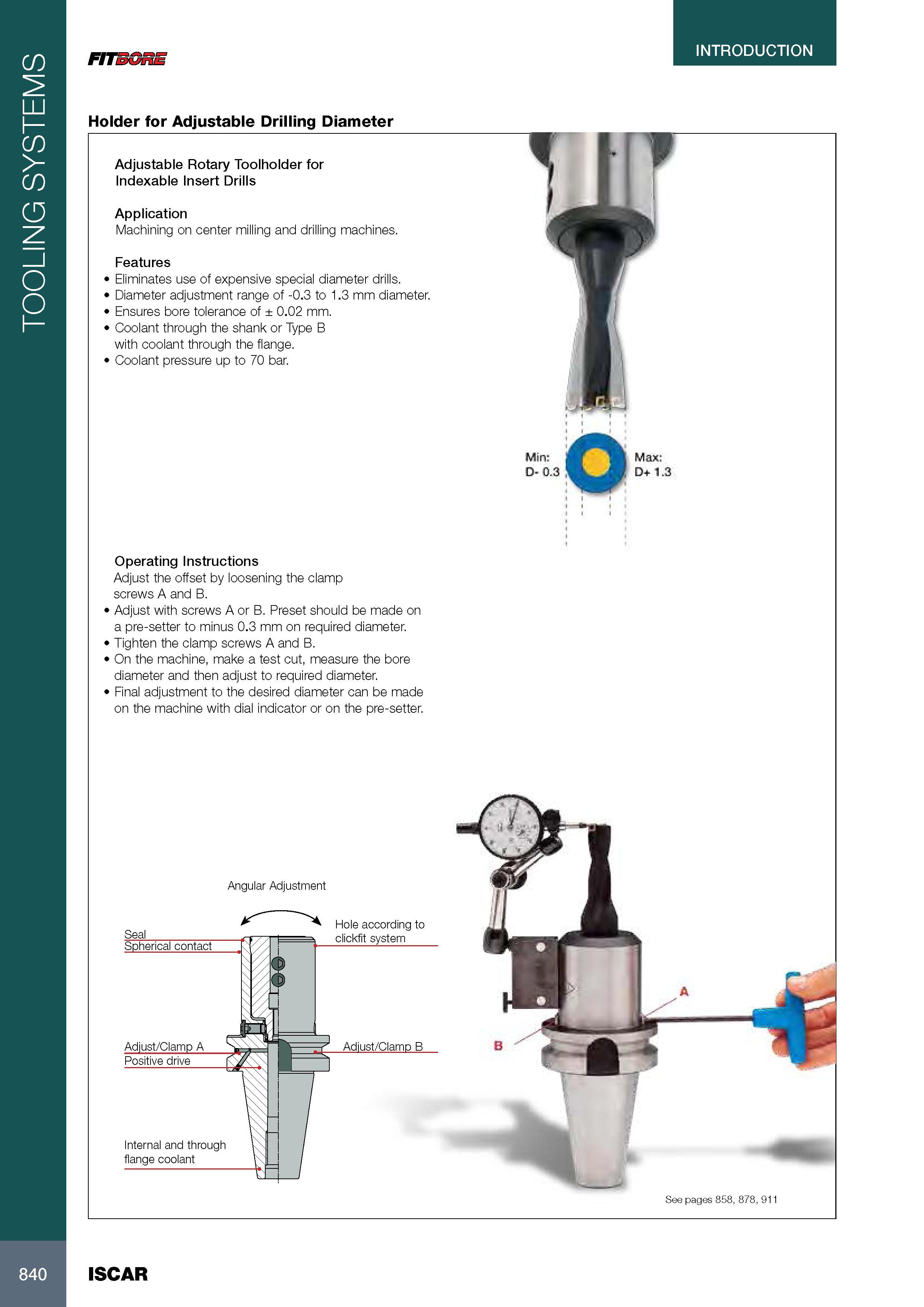 844 TOOLING SYSTEMS INTRODUCTION FITSGRE Holder for Adjustable Drilling Diameter Adjustable Rotary Toolholder for Indexable Insert Drills Application Machining Каталог ISCAR 2017 Вращающийся металлорежущий инструмент и инструментальная оснастка для металлообрабатывающих станков Фрезы Сверла Развертки Расточные системы Стр. 840