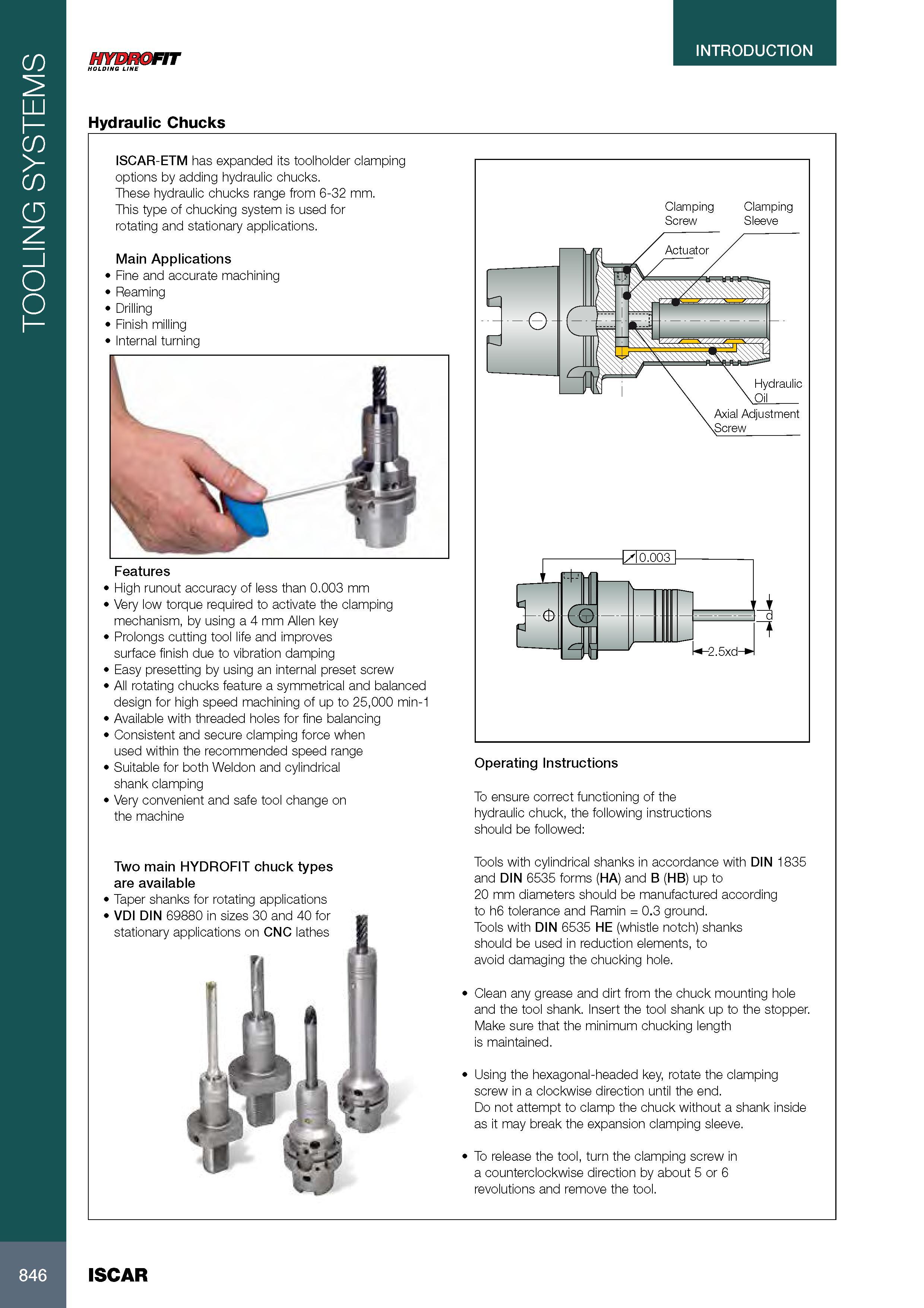 850 TOOLING SYSTEMS INTRODUCTION HYDROFIT HOLDING LINE Hydraulic Chucks ISCAR-ETM has expanded its toolholder clamping options by adding hydraulic chucks These Каталог ISCAR 2017 Вращающийся металлорежущий инструмент и инструментальная оснастка для металлообрабатывающих станков Фрезы Сверла Развертки Расточные системы Стр. 846