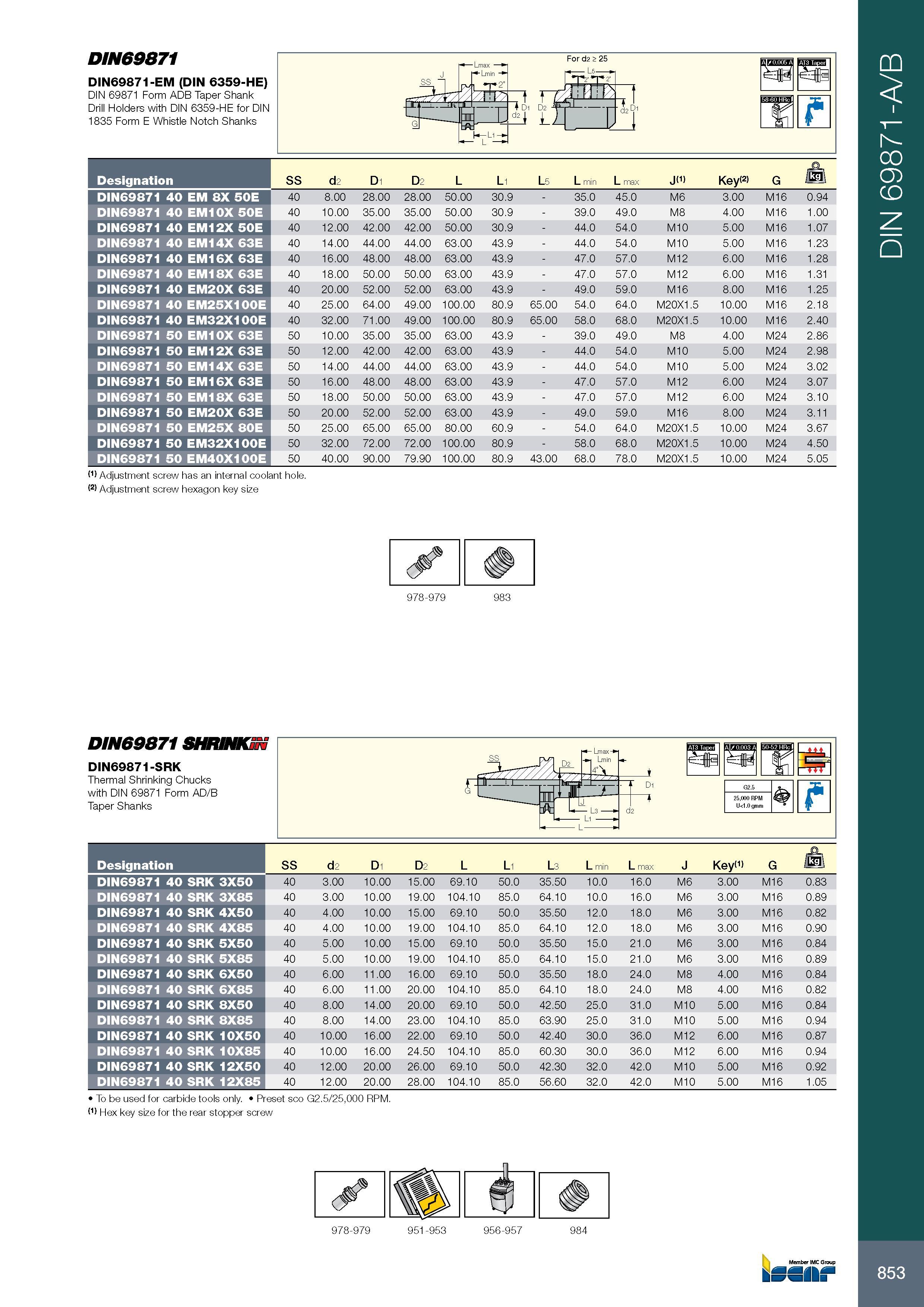 857 853 DIN69871 DIN69871-EM (DIN 6359-HE) DIN 69871 Form ADB Taper Shank Drill Holders with DIN 6359-HE for DIN 1835 Form E Whistle Notch Shanks For d2 > 25 L5 Каталог ISCAR 2017 Вращающийся металлорежущий инструмент и инструментальная оснастка для металлообрабатывающих станков Фрезы Сверла Развертки Расточные системы Стр. 853