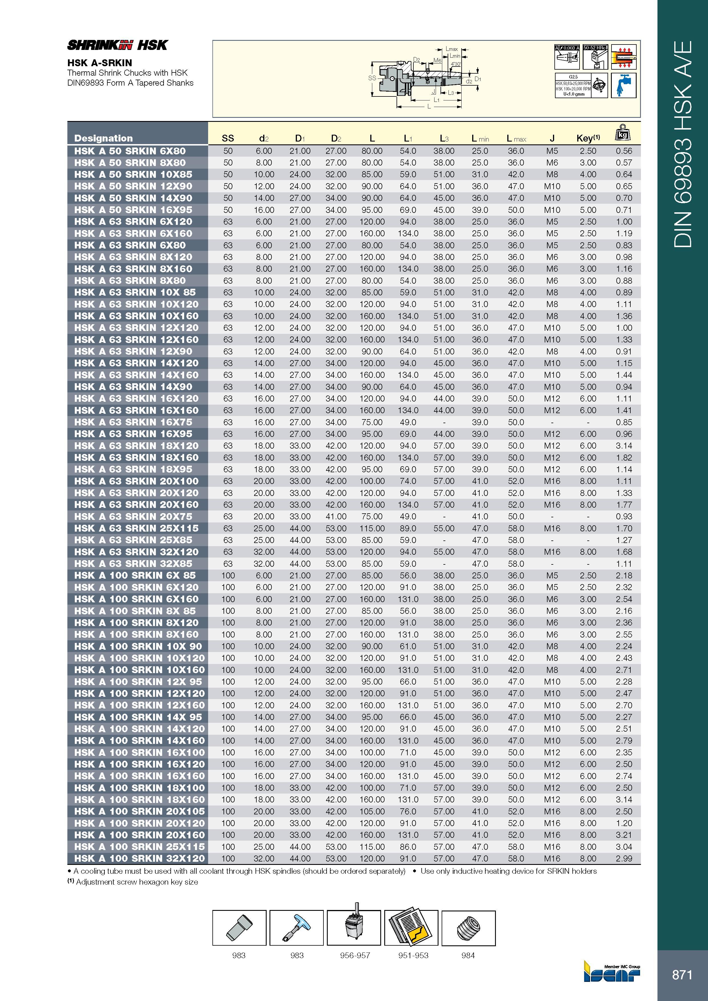 875 871 SHRINKS, HSK HSK A-SRKIN Thermal Shrink Chucks with HSK DIN69893 Form A Tapered Shanks g ft G2 5 HSK 50,63=25,000 HSK 100=20,000 U<1 0 gmm PM f6 Обознач Каталог ISCAR 2017 Вращающийся металлорежущий инструмент и инструментальная оснастка для металлообрабатывающих станков Фрезы Сверла Развертки Расточные системы Стр. 871