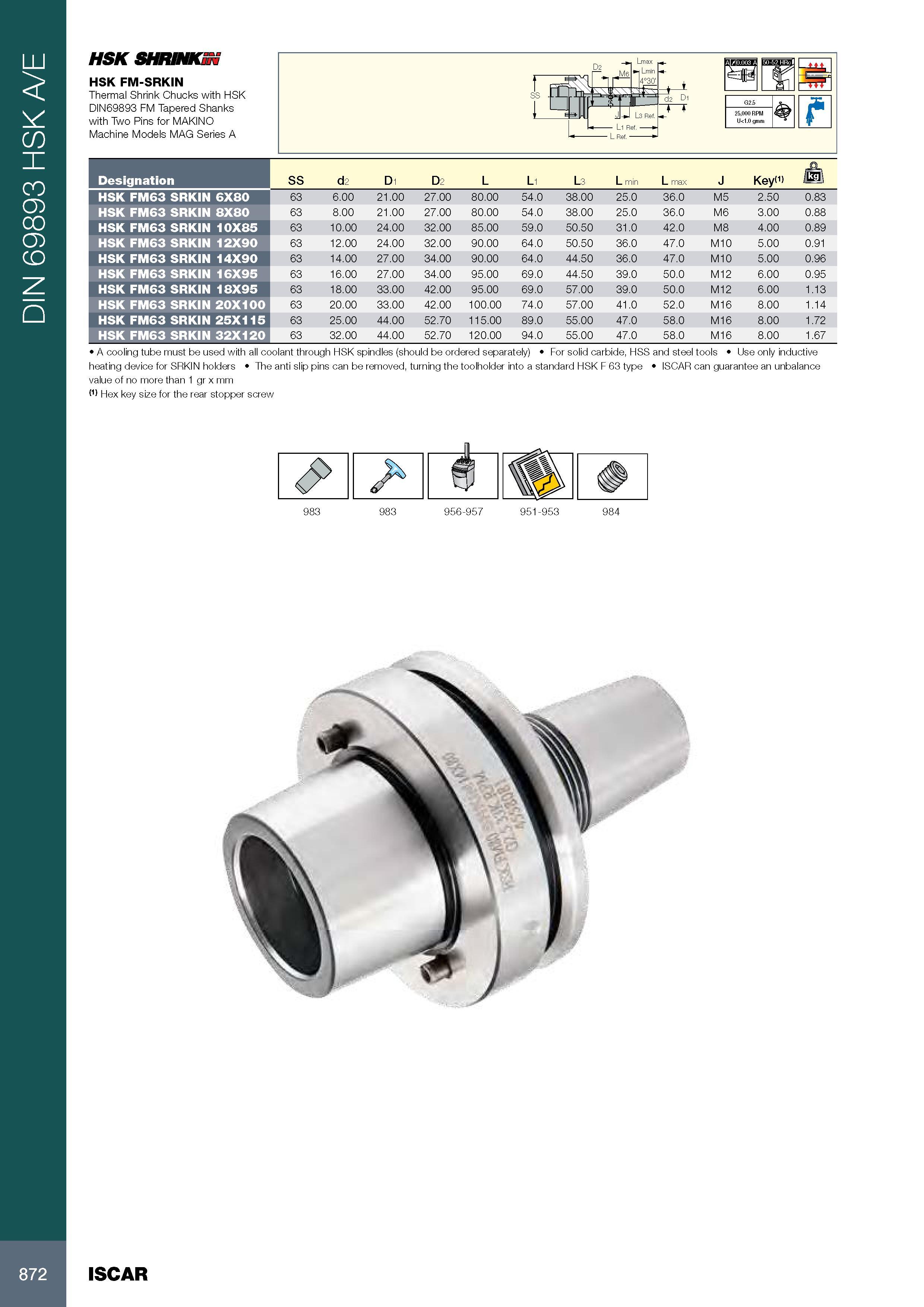 876 DIN 69893 HSK A/E HSK SHRINK HSK FM-SRKIN Thermal Shrink Chucks with HSK DIN69893 FM Tapered Shanks with Two Pins for MAKINO Machine Models MAG Series A m f Каталог ISCAR 2017 Вращающийся металлорежущий инструмент и инструментальная оснастка для металлообрабатывающих станков Фрезы Сверла Развертки Расточные системы Стр. 872