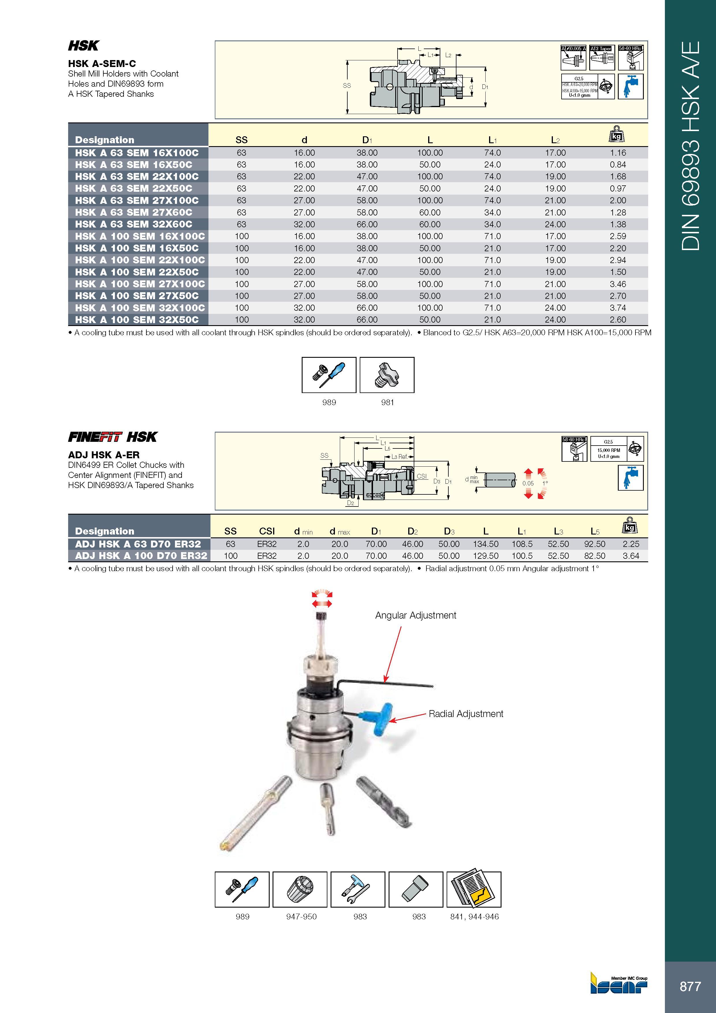 881 877 HSK HSK A-SEM-C Shell Mill Holders with Coolant Holes and DIN69893 form A HSK Tapered Shanks m n p G2 5 <9 HSK A100=15,000 RPM U<1 0 gmm Обозначение Des Каталог ISCAR 2017 Вращающийся металлорежущий инструмент и инструментальная оснастка для металлообрабатывающих станков Фрезы Сверла Развертки Расточные системы Стр. 877