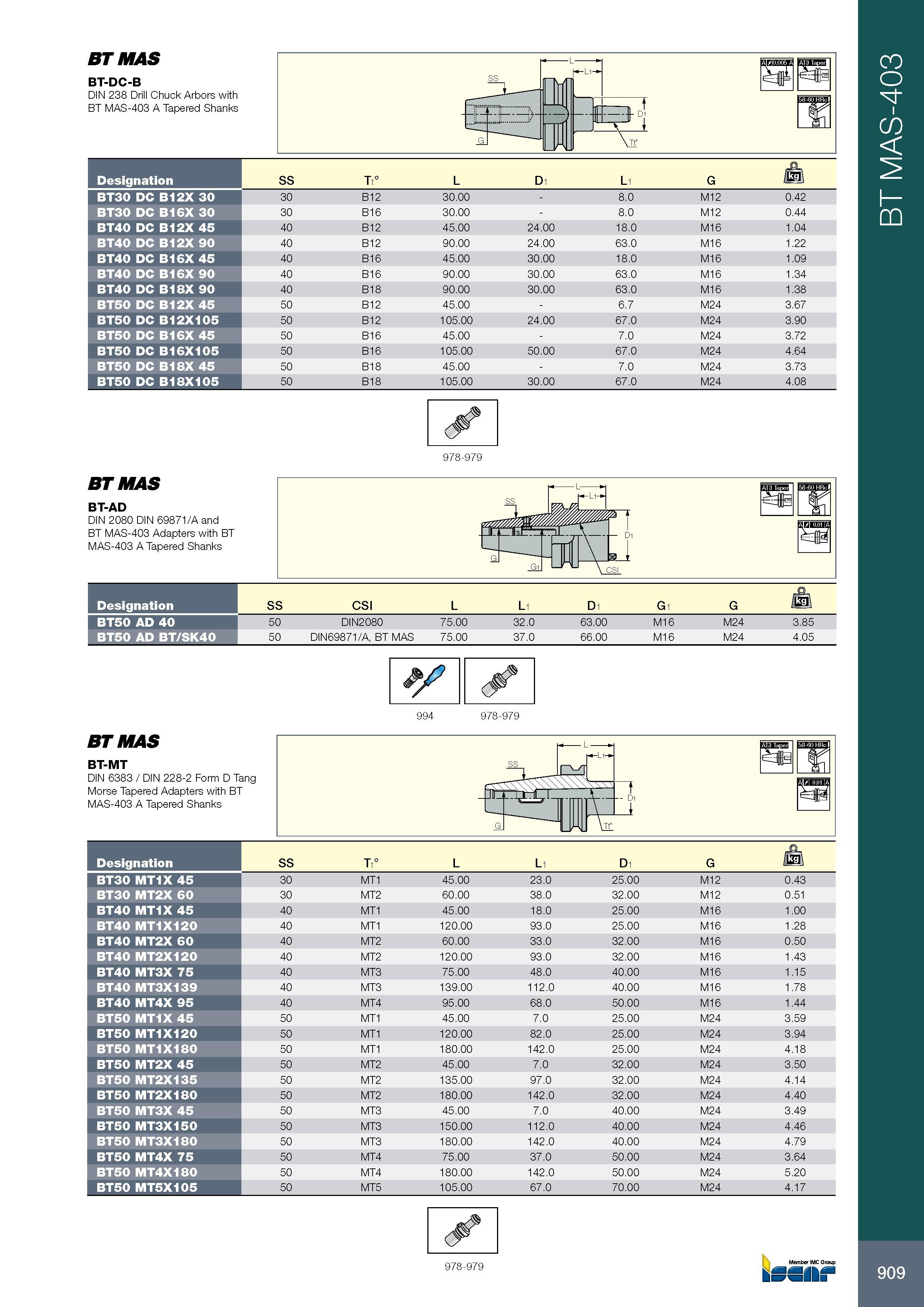 913 BT MAS BT-DC-B DIN 238 Drill Chuck Arbors with BT MAS-403 A Tapered Shanks Обозначение Designation SS Tt° L D1 L1 G o BT30 DC B12X 30 30 B12 30 00 - 8 0 M12 Каталог ISCAR 2017 Вращающийся металлорежущий инструмент и инструментальная оснастка для металлообрабатывающих станков Фрезы Сверла Развертки Расточные системы Стр. 909
