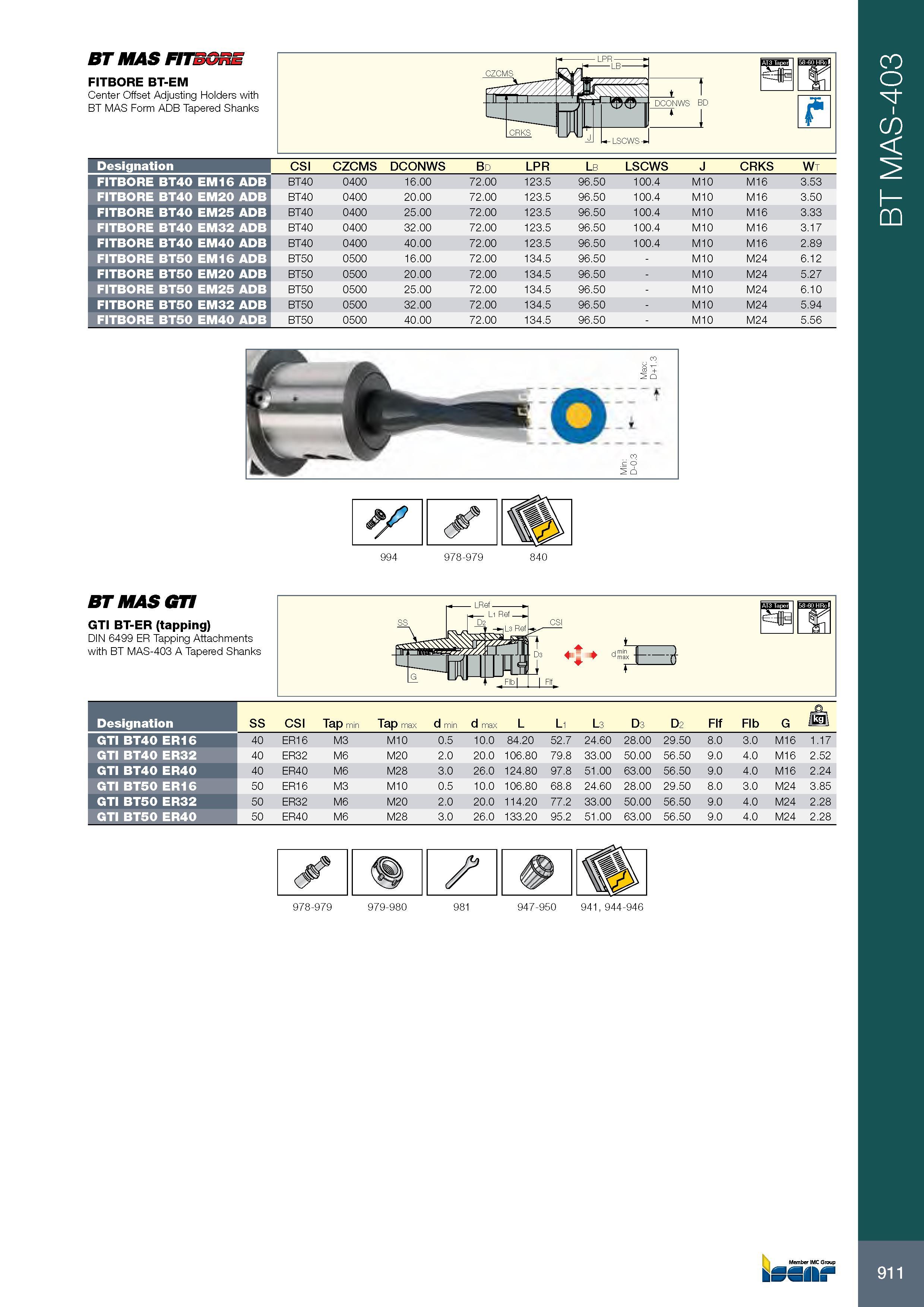 915 BT MAS FIT5GRE FITBORE BT-EM Center Offset Adjusting Holders with BT MAS Form ADB Tapered Shanks Обозначение Designation CSI CZCMS DCONWS Bd LPR Lb LSCWS J Каталог ISCAR 2017 Вращающийся металлорежущий инструмент и инструментальная оснастка для металлообрабатывающих станков Фрезы Сверла Развертки Расточные системы Стр. 911